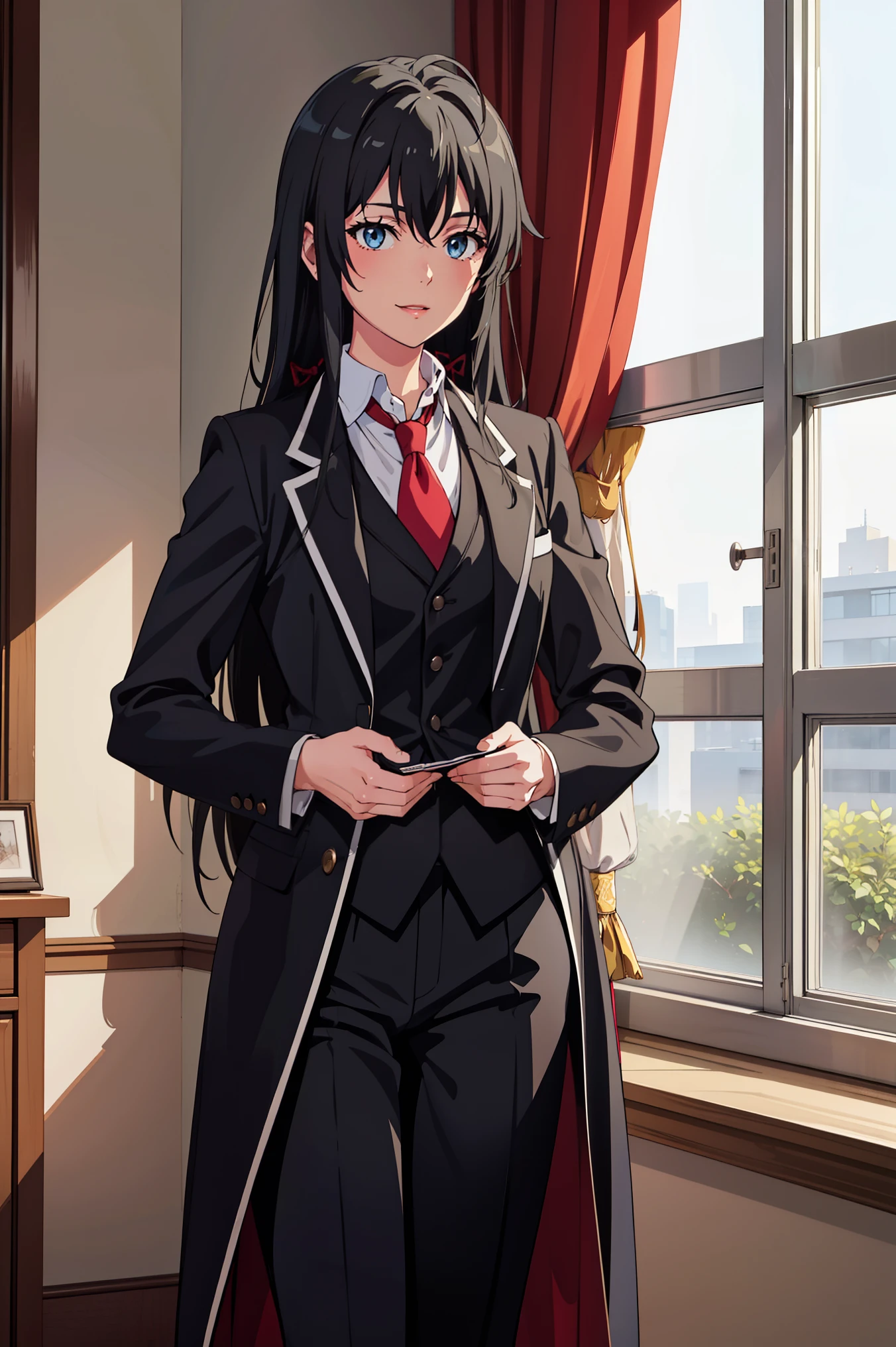 Yukinoshita yukino ,woman in formal attractive tailcoat standing in a large alcove in the room , 1girl, solo, blue necktie, black hair, blue eyes, long hair, smile , collared shirt, white pants, white shirt , tailored tailcoat elegant , standing in front of a window ,tailcoat tailored to perfection. Featuring striking Victorian theme and crafted from the lustrous fabric