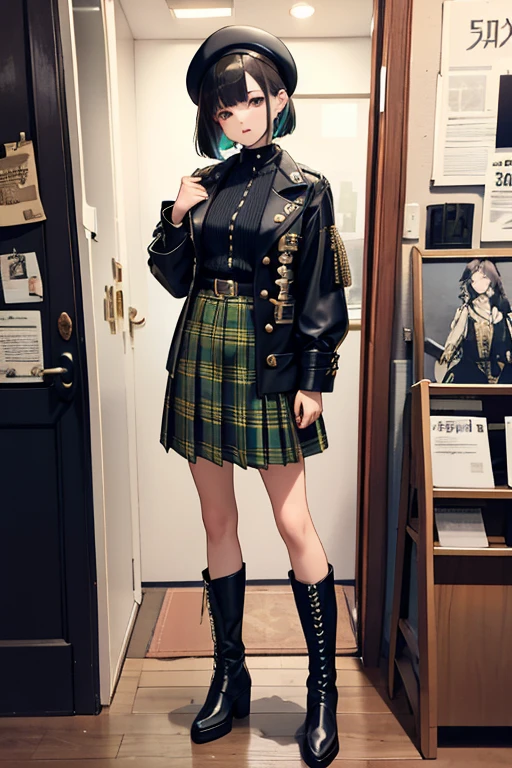 fashion designer、,brunette,black hair,bob cut,beret,european,slender body shape,tall,Gold Button,Colorful tailored jacket,hair partially dyed blue,Green tartan checked skirt,Leather Boots,atelier,20s,woman、UK punk,fantasy style arrangement