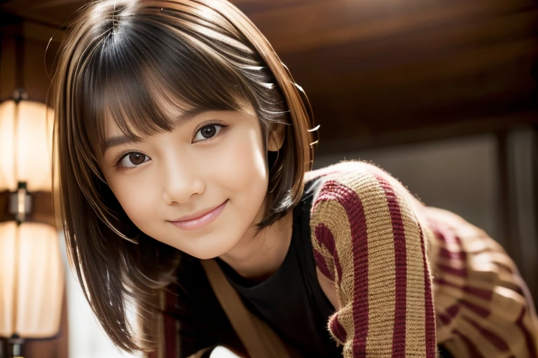 Echiechi, Constricted body, Rumor, adult woman, 20th generation, beautiful detailed eyes, short bob hair, clavicle, best quality, masterpiece, Layer Bob Hair, Moist eyes, Pixie Cut, Awesome pose, long eyes, brown eyes, brown eyes, smile, smiling, real, glossy lips, Chubby lips, Japanese, natural makeup, Kaede Fua, small ass, slender face, professional lighting, cowboy shot, indoor, hotel, miniskirt, Winter clothes, selfie