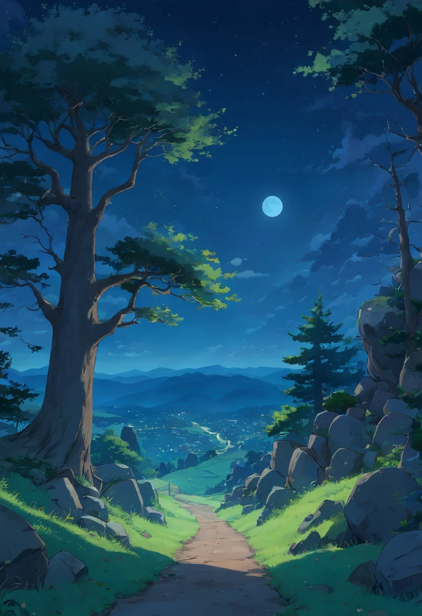 Side Scrolling Game Backgrounds,  (((In the dark of the night with a hint of blue))), Flat feeling without vanishing point perspective,  photorealistic lighting, (((At night when the moonlight is faint))),  high-definition details, ​masterpiece, Best quality at best, (Highly detailed CG integrated 8k wallpaper), (Top  Quality),  Forest scenery,  The bottom half of the screen is flat ground, Land with a moderate mix of soil and grass, The direction of the road is from the left side of the screen to the right side of the screen., (((At the top half of the screen are small densely packed trees and rocks.))),  Small rocks, Distant view behind the trees, mountains, The dark hour after sunset, At night when the bluish light is flowing, The size of the tree is small and it has a lot of curves, View from a height of about 3 meters,