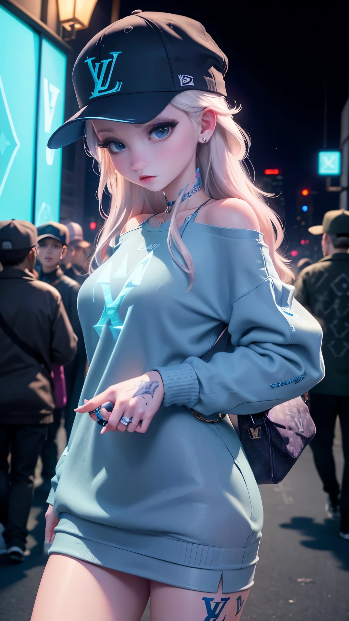 Elsa baggy oversized clothes hip hop new era hat tattoo The night view is beautiful Neon lights at night Dancing in a club I have a Louis Vuitton bag