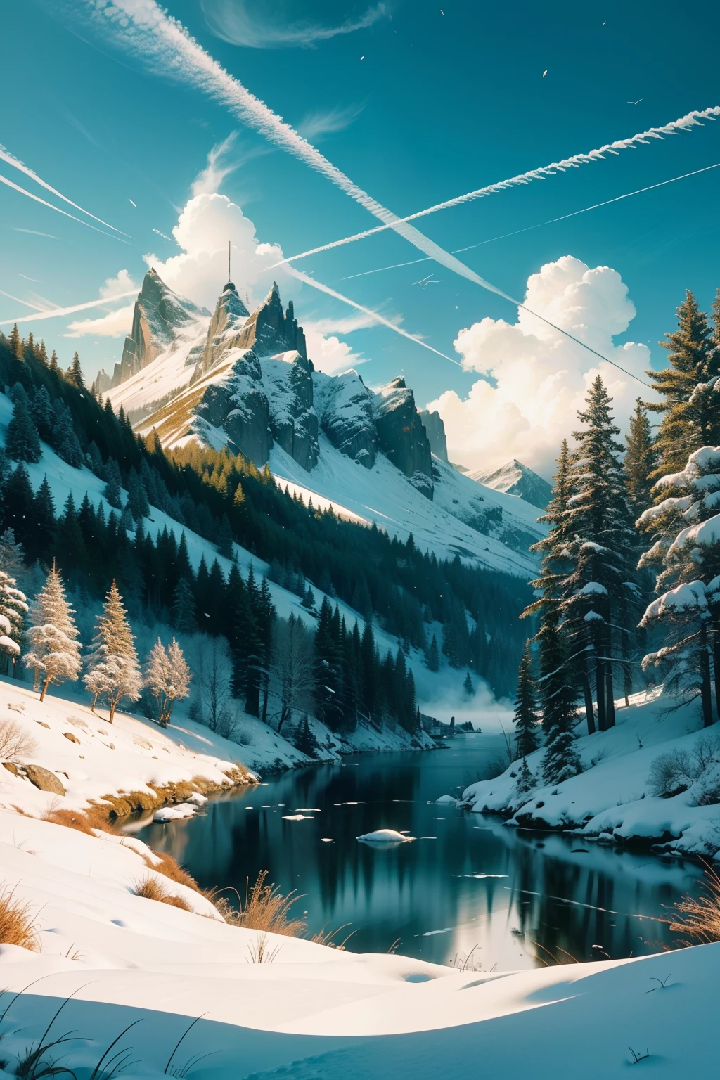 (Realistic Style, Xianxia Theme), Breathtaking scene of blue sky and snowy mountains, Lush green grass blankets the ground beneath, Vibrant flowers add a splash of color against the white snow, Drifting clouds and mist soften the edges of the serene landscape, The delicate balance between nature's elements creates an awe-inspiring and impactful image, Masterpiece-quality, Ultra-high definition (16K), Realistic and photorealistic, Fine-grained texture on the snow and grass, Detailed depiction of flower petals and cloud formations, Ultra-clear and distinct visual elements, Reminiscent of a Chinese Xianx