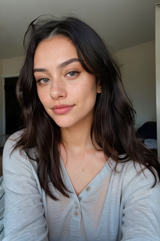 Instagram selfie of a 23-year-old gorgeous woman with a slight smile, showcasing detailed skin and expressive eyes in natural lighting, at home in her cozy pajamas. Her long, natural hair frames her face, and the image features a film grain texture and low contrast, enhancing her natural beauty with freckles, black hair, and bright blue eyes, as well as subtle dark circles under her eyes. Highly detailed and captivating, this authentic selfie radiates a genuine and relatable charm.
Filmed with: Canon EOS 5D Mark IV
Lens: EF 85mm f/1.4L IS USM
Settings: