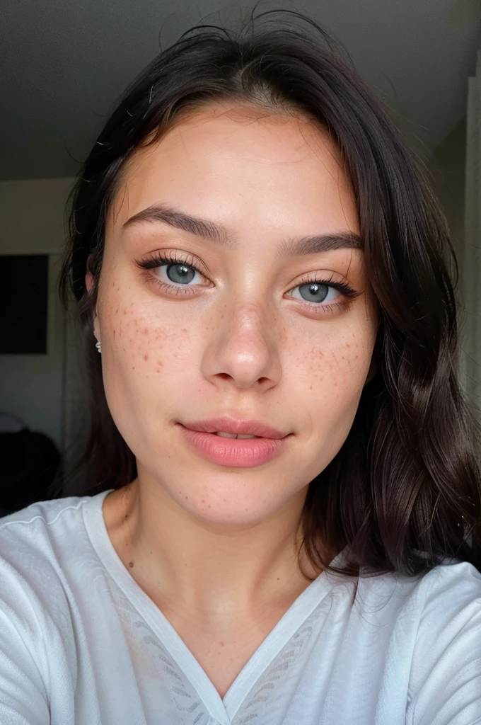 Instagram selfie of a 23-year-old gorgeous woman with a slight smile, showcasing detailed skin and expressive eyes in natural lighting, at home in her cozy pajamas. Her long, natural hair frames her face, and the image features a film grain texture and low contrast, enhancing her natural beauty with freckles, black hair, and bright blue eyes, as well as subtle dark circles under her eyes. Highly detailed and captivating, this authentic selfie radiates a genuine and relatable charm.

Filmed with: Canon EOS 5D Mark IV
Lens: EF 85mm f/1.4L IS USM
Settings: