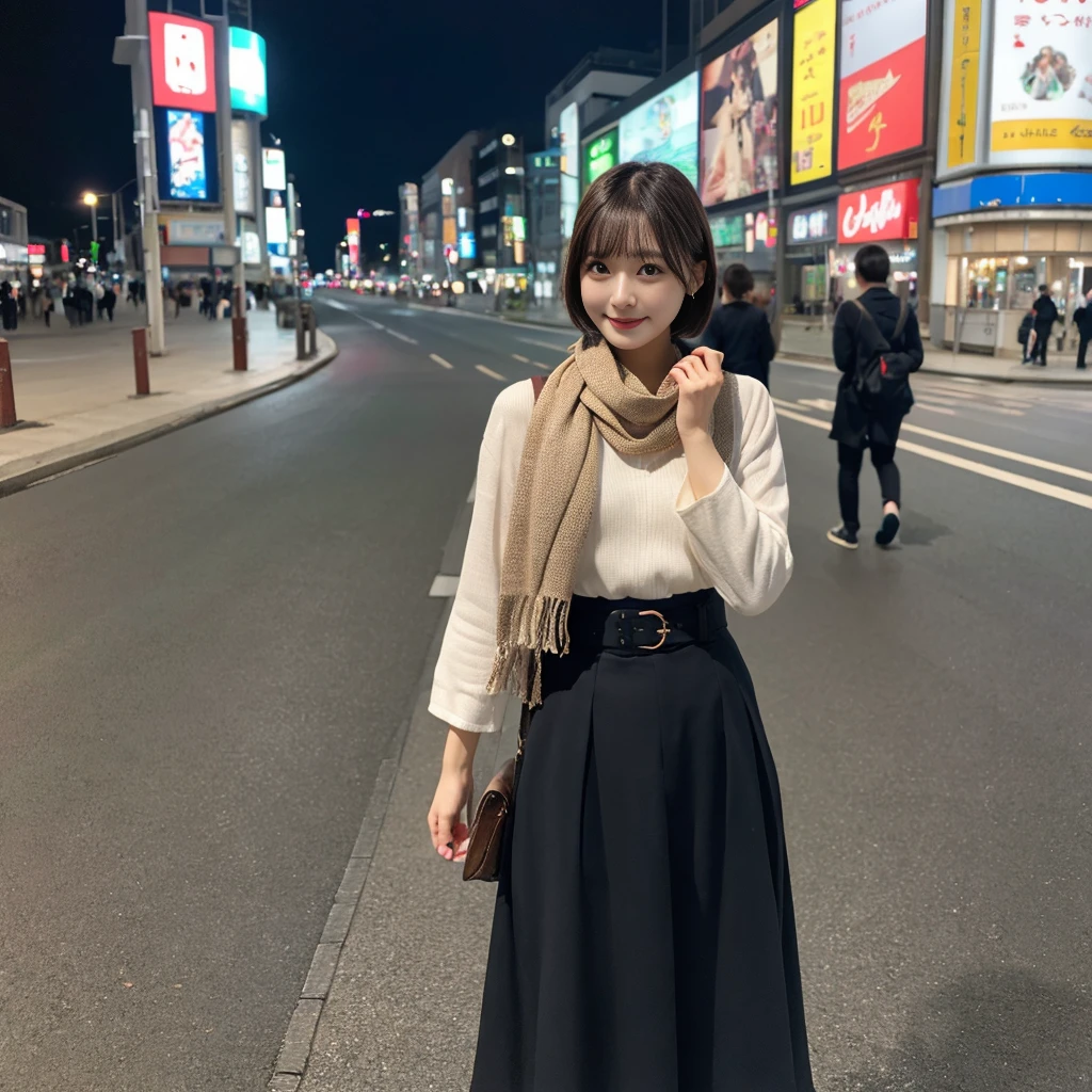 （master piece、8k、Raw photo、Reality）Japan Solo Women、night time、Scarf、short bob cut、Warm winter coordination、detailed face、smile、whole body、detailed body、detailed limbs、accessories、Heel、Companion&#39;s perspective、long skirt