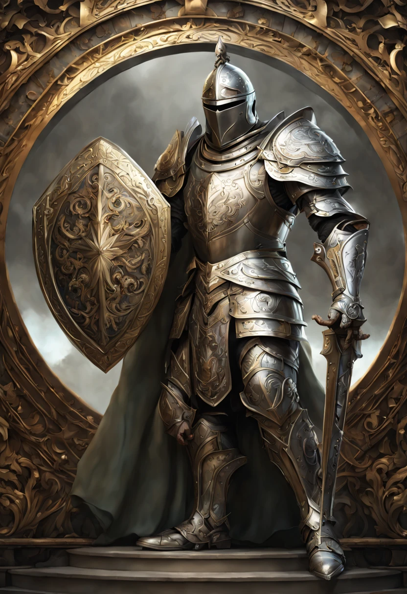 breathtaking A highly detailed digital painting of a powerful knight in armor holding a large, ornate shield in a heroic stance, extremely detailed full body knight in shiny silver armor with intricate patterns, standing in a dramatic pose, one hand holding a massive, circular shield with a glowing crest in the center, shield has beautiful engraved swirls and runes, shining metal, cinematic lighting, illustration by artgerm and greg rutkowski and alphonse mucha, digital painting . award-winning, professional, highly detailed, detailed matte painting, deep color, fantastical, intricate detail, splash screen, complementary colors, fantasy concept art, 8k resolution trending on Artstation Unreal Engine 5