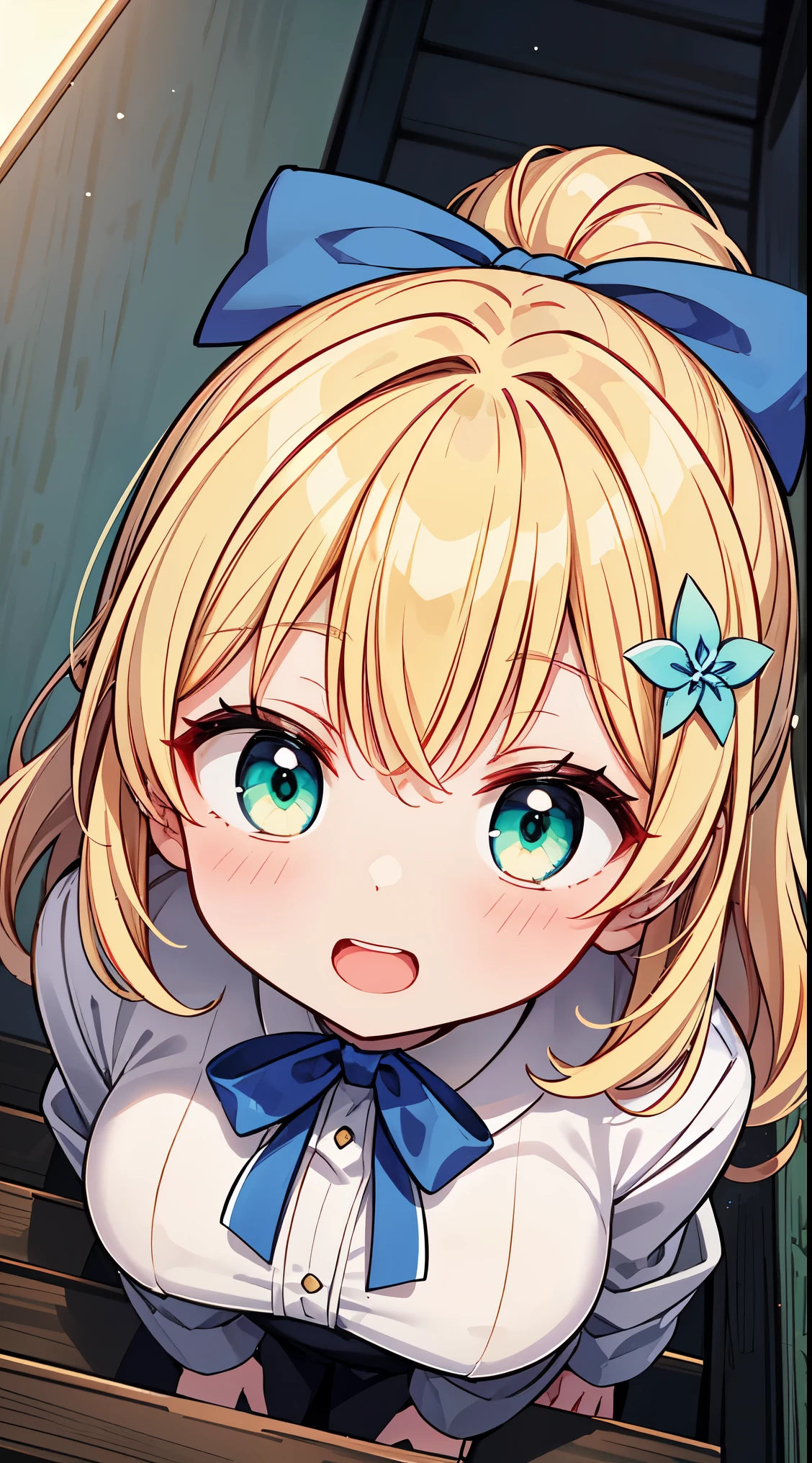 (super fine illustration:1.2),(masterpiece, 8k), (best quality, high quality:1.4), perfect anatomy, hyper detailed, ultra detailed,masterpiece background,beautiful detailed background, v8k wallpaper,perfect design,award-winning art,atmospheric,
BREAK, 1 beautiful girl, girl, (cute:1.5),(Little:0.5),(cute:2.0),(change:2.0),(12 year old girl),(big breasts:1.65),(chin hair,blonde,blue bow,green eyes,Eyebrows visible through the hair,side lock,long hair with bangs parted, hair flower, hair ornaments, big ribbon in hair, curly hair, ponytail:1.6),:he, white feathers, one thin white wing, Ang he wings, spread your wings, shining wings),pit \black},glowing skin, beautiful skin, Shining beautiful skin, open your mouth, bashful smile, alone, tooth, upper teeth,(long eyheashes, double eyheids:1.2),alone, glowing skin, beautiful skin, Shining beautiful skin,(highest quality face),(highest quality shining eyes),
BREAK, main street,houses, wooden structures, Ancient japanese Capital,BREAK, (,coat:1.1),
BREAK,wakame,wakame,wakame,(llooking up,from front above:1.5)
(going up on stairs:1.5),
BREAK,(Blurry background:1.3),(absurderes, hight resolution, Super Detail Art),cel shading,Clear Color, Lonely optical effect, Beautiful pictures, Bright glow, mystic atmosphere,(Close-up of girl:1.1), Mystical light particle effect,manga influence, clean line drawings,