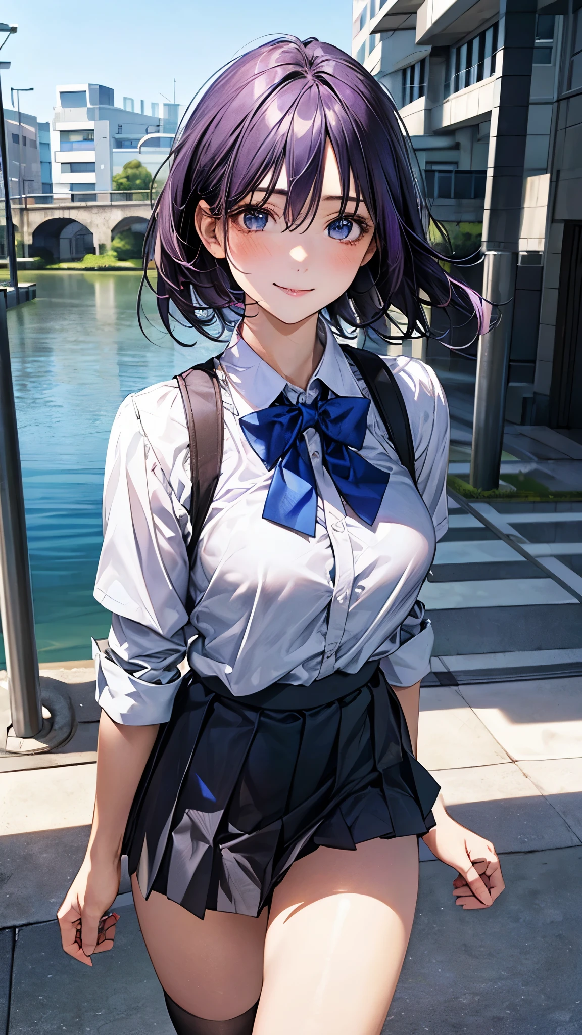 (masterpiece:1.2, top-quality), (realistic, photorealistic:1.4), beautiful illustration, (natural side lighting, movie lighting), nsfw,
looking at viewer, cowboy shot, front view:0.6, 1 girl, japanese, high school girl, perfect face, cute and symmetrical face, shiny skin,
(short hair:1.2, messy hair:1.2, purple hair), hair between eyes, blue eyes, long eye lasher, (large breasts:0.7, thick thighs),
beautiful hair, beautiful face, beautiful detailed eyes, beautiful clavicle, beautiful body, beautiful chest, beautiful thigh, beautiful legs, beautiful fingers,
((white collared shirts, grey pleated mini skirt, black socks, blue bow tie)),
(beautiful scenery), evening, riverside, walking, (lovely smile, upper eyes),