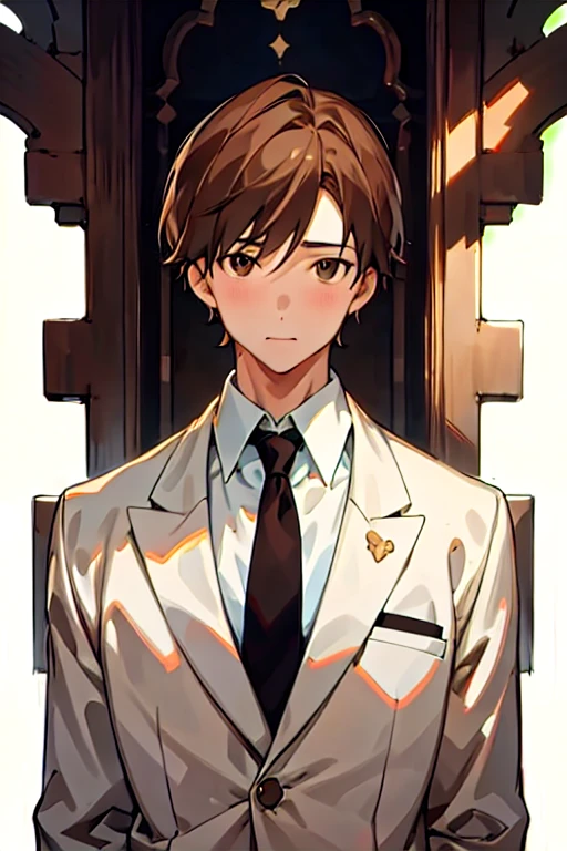 masterpiece, 最high quality, high quality, 1 boy, alone, male focus, looking at the viewer, Upper body, Manat, brown hair, brown eyes, , formal, tie, dress shirt