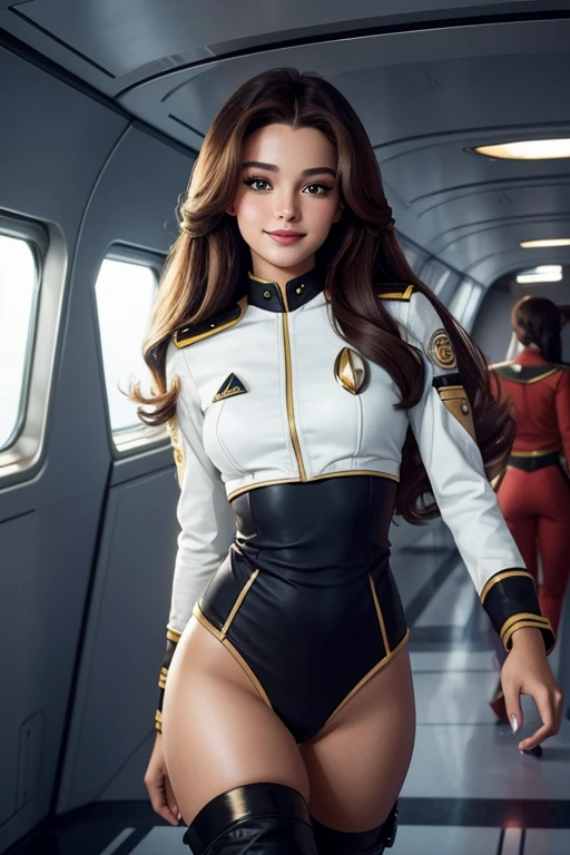 a 20 year old sexy space babe, beautiful captain with long luscious brown hair, eyeliner, lipstick, eyeshadow, flirty smile, cute glint in her eye, youthful enthusiasm, on the bridge of the enterprise, wearing a tng uniform, refined face detail, walking down a starship corridor,Ariana Grande