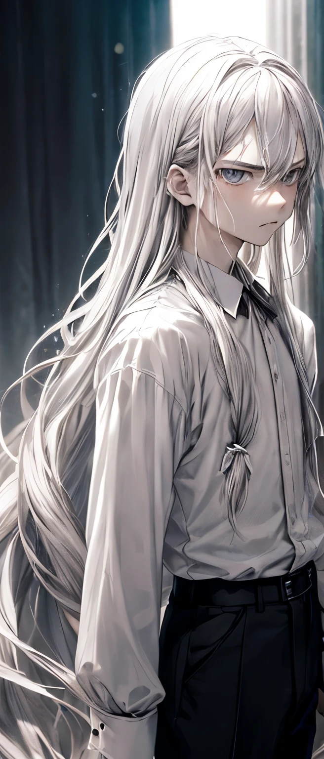 1 ager、Men with long hair、youth、pale teen、(((Rose Blanche)))、white shirt、cowboy shot、Low screen contrast、high brightness、gray hair、soft lighting,mysterious atmosphere,angry face