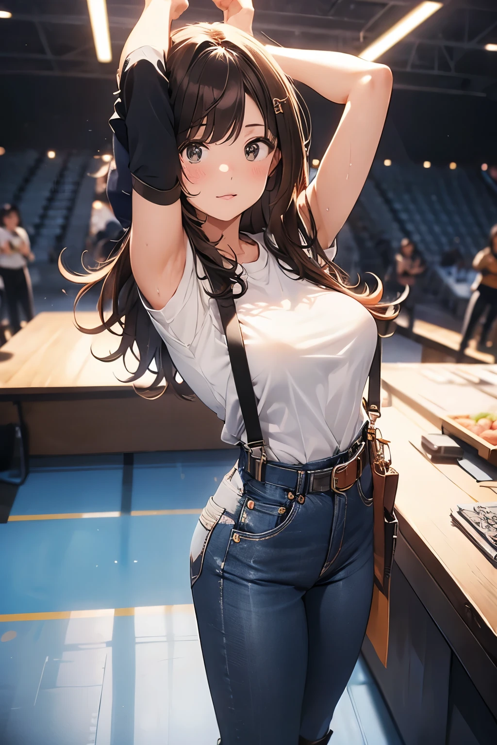 brown hair、looking at the viewer suspenders Bulging big breasts jeans boots Gaze small face bangs Beauty hands up Gaze 黒いboots provocation armpit sweat one person put your hands behind your back cutter shirt Black belt