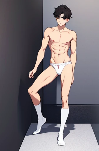 masterpiece, best quality, a boy， white socks，Shirtless，thin legs，long legs，standing，hair，close shot，Clear and exquisite facial features，tub