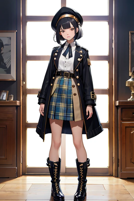 fashion designer、,brunette,black hair,bob cut,beret,european,slender body shape,tall,Gold Button,colorful jacket,hair partially dyed blue,Tartan checked skirt,Leather Boots,atelier,20s,woman、UK punk,fantasy style arrangement