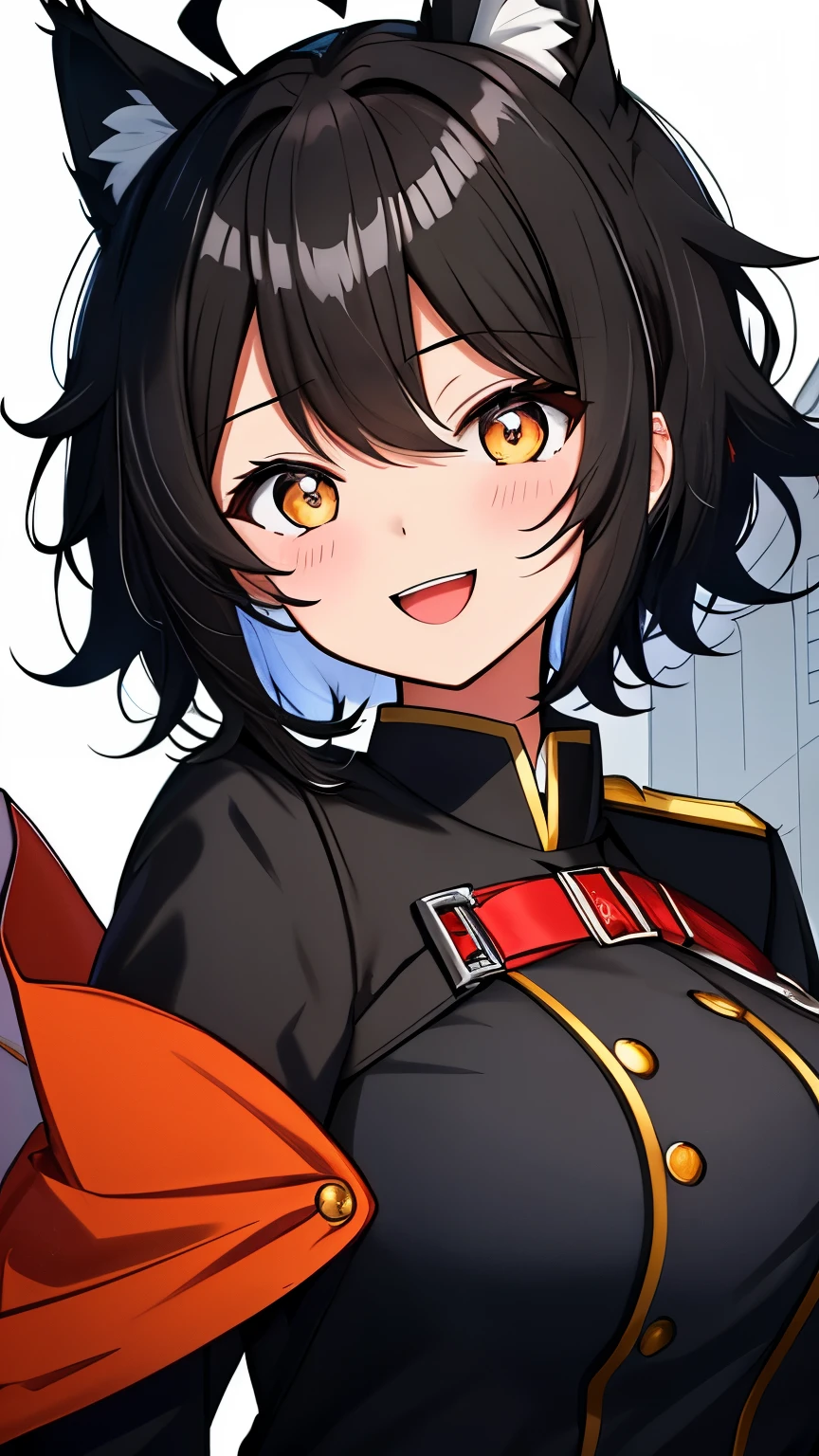 (Character Sheet), Looking at Viewer, background white, 1girl, open mouth, shy smile, virtual youtuber、girl,(black hair), (black cat ears), (Ahoge), (ridiculously short hair), (wavy hair), (eyes are blue)、very big breasts、(View viewer))Dressed in military uniform。Wore a cape。line drawing ,Highly detailed body parts