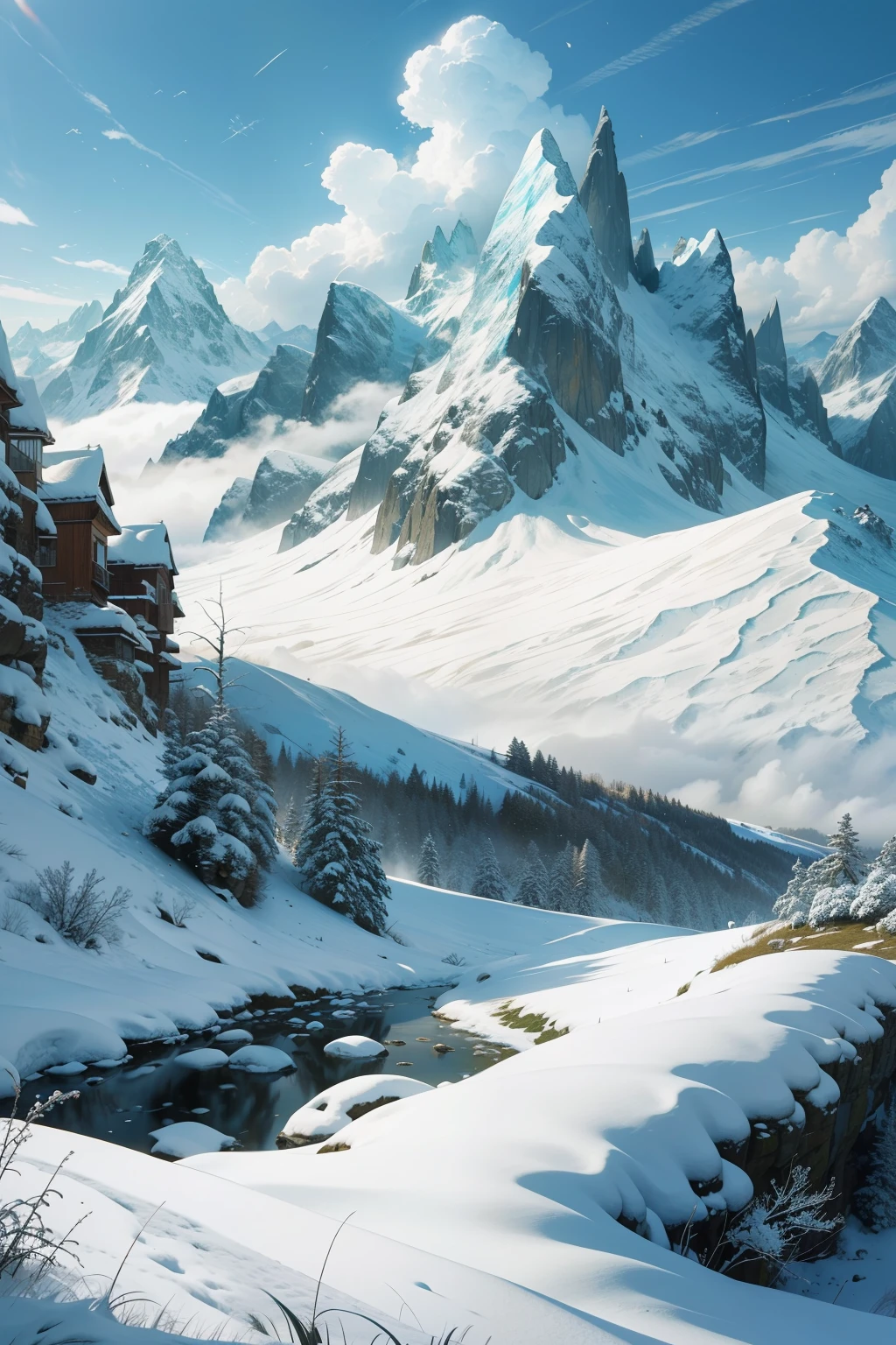 (Realistic Style, Xianxia Theme), Breathtaking landscape, Blue sky meets snowy peaks, Green grass adorns the ground below, Fluttering flowers bloom in vibrant colors, Serene yet dynamic,
Clouds drift lazily amidst the azure expanse, Mist weaves intricate patterns across the mountainous horizon, A sense of tranquility and awe engulfs the scene,
The blue sky is painted with whispers of white, melted onto the craggy mountainsides, The grass, blanketed in snow, glows with an ethereal light,
Flowers, their petals unfurled, capture the essence of springtime