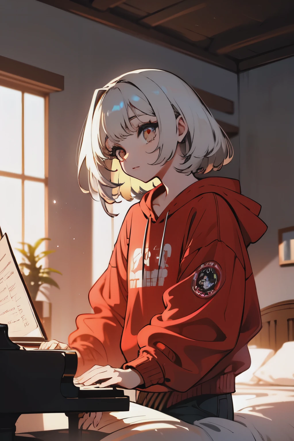 ((melhor qualidade)), (plano americano), (detalhado), Front view, garota adulta, tocando piano, corte de cabelo bem curto, cabelo naturalmente branco, pupilas oculares da cor castanha, she is wearing a red sweatshirt, she's in her room, it's morning, vibe mistica,