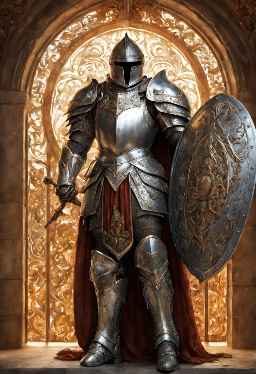 breathtaking A highly detailed digital painting of a powerful knight in armor holding a large, ornate shield in a heroic stance, extremely detailed full body knight in shiny silver armor with intricate patterns, standing in a dramatic pose, one hand holding a massive, circular shield with a glowing crest in the center, shield has beautiful engraved swirls and runes, shining metal, cinematic lighting, illustration by artgerm and greg rutkowski and alphonse mucha, digital painting . award-winning, professional, highly detailed, detailed matte painting, deep color, fantastical, intricate detail, splash screen, complementary colors, fantasy concept art, 8k resolution trending on Artstation Unreal Engine 5