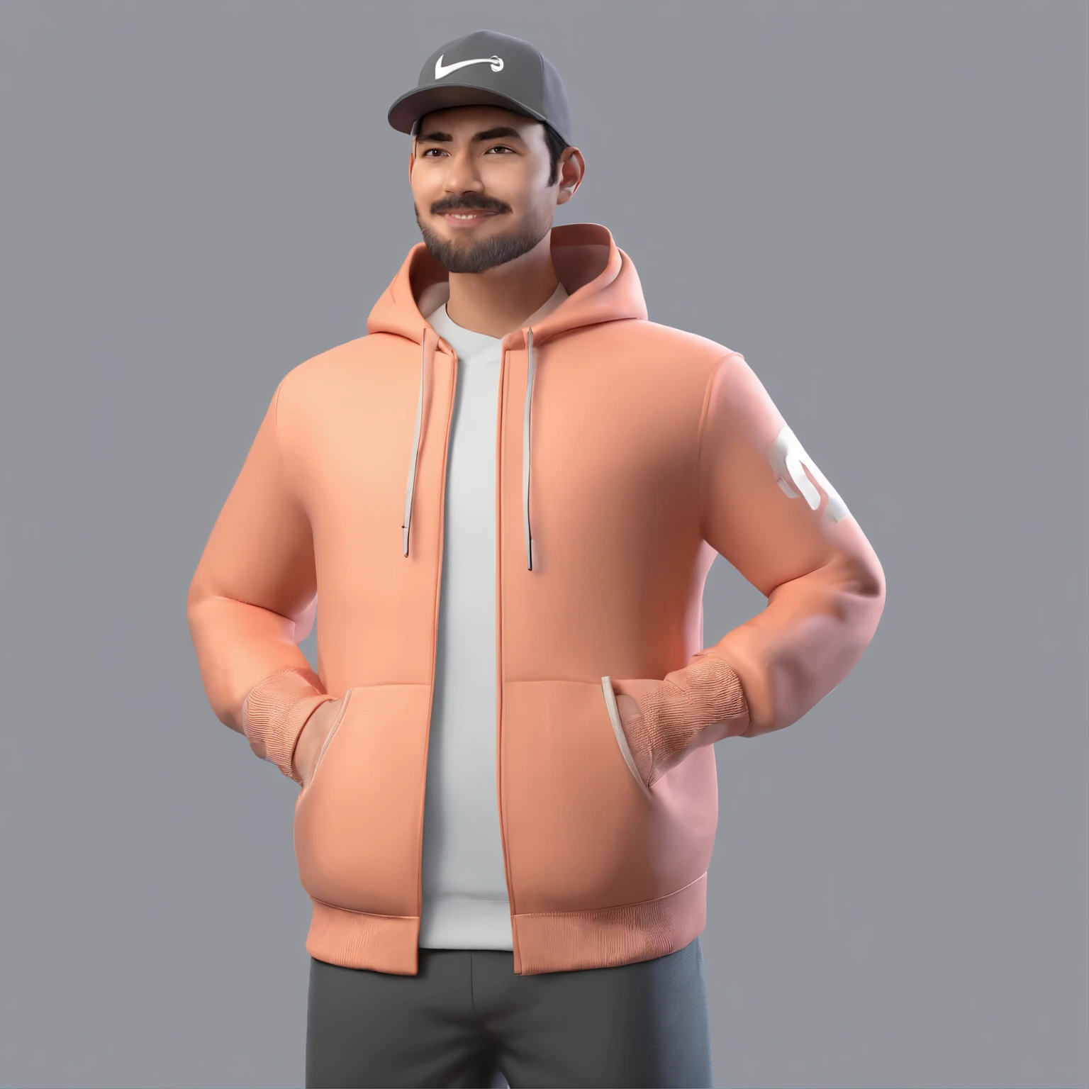 Sweatshirt size is large for hoodie、Cap, 25 years old, male, thick eyebrows, slightly narrow eyes, chubby round face, 167cm, 96km, dimples
