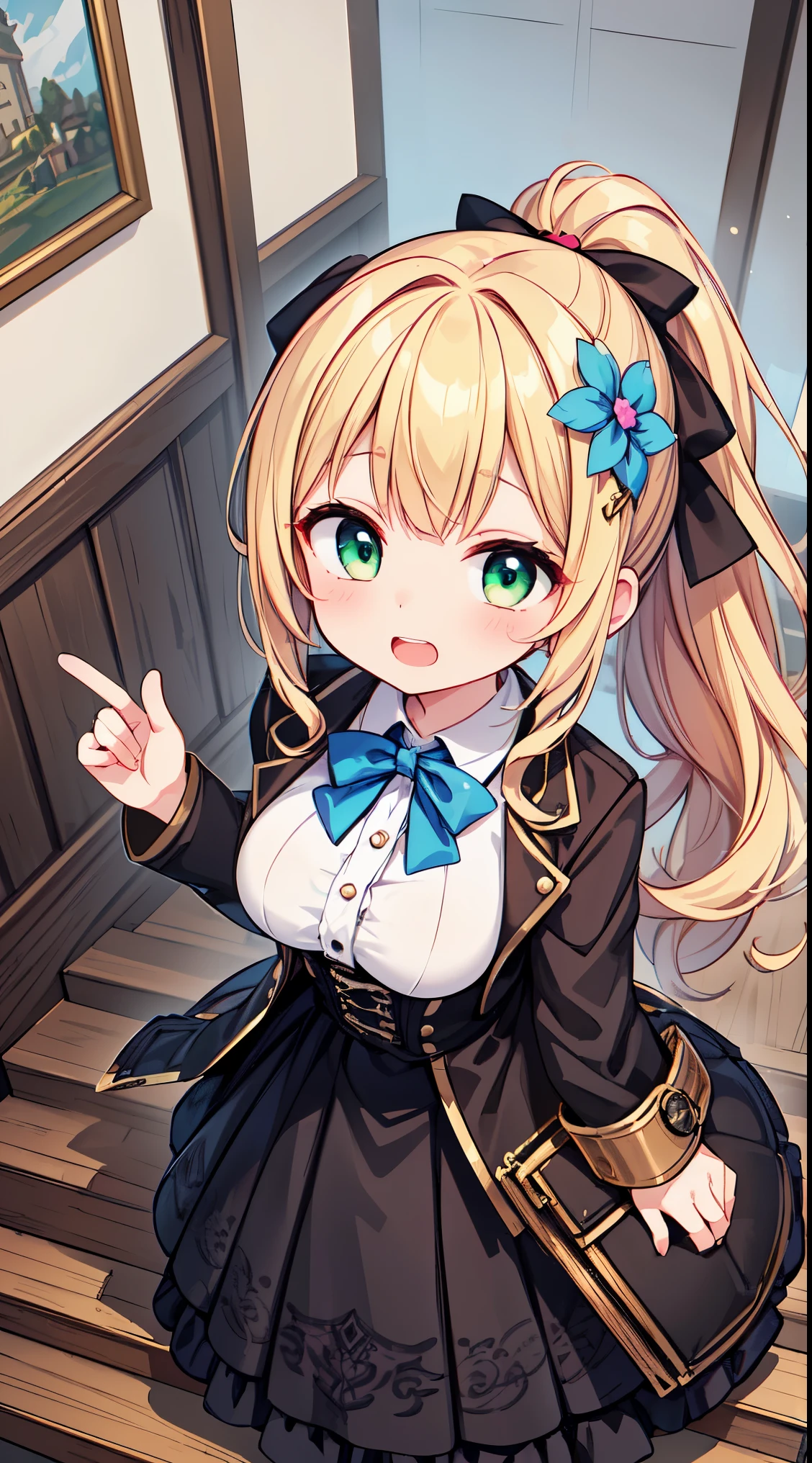 (super fine illustration:1.2),(masterpiece, 8k), (best quality, high quality:1.4), perfect anatomy, hyper detailed, ultra detailed,masterpiece background,beautiful detailed background, v8k wallpaper,perfect design,award-winning art,atmospheric,


BREAK,  1 beautiful girl, girl, (cute:1.5),(Little:0.5),(cute:2.0),(change:2.0),( girl),(big breasts:1.65),(chin hair,blonde,blue bow,green eyes,Eyebrows visible through the hair,side lock,long hair with bangs parted, hair flower, hair ornaments, big ribbon in hair, curly hair, ponytail:1.6),:he, white feathers, one thin white wing, Ang he wings, spread your wings, shining wings),pit \black},glowing skin, beautiful skin, Shining beautiful skin, open your mouth, bashful smile, alone, tooth, upper teeth,(long eyheashes, double eyheids:1.2),alone, glowing skin, beautiful skin, Shining beautiful skin,(highest quality face),(highest quality shining eyes),

BREAK, main street,houses, wooden structures, Ancient japanese Capital,BREAK, (steampunk-inspired motif:1.33), smoky lace, brown corset, (closed collar long-sleeved blouse:1.2) heavy coat with black frills, a volumey pannier under a (long skirt:1.3), lace ruffle socks, top hat, goggles, lace-up boots, leather glove, steampunk-items,



BREAK,wakame,wakame,wakame,(looking up,from front above:1.5) 

(going up on stairs:1.5),


BREAK,(Blurry background:1.3),(absurderes, hight resolution, Super Detail Art),cel shading,Clear Color, Lonely optical effect, Beautiful pictures, Bright glow, mystic atmosphere,(Close-up of girl:1.1), Mystical light particle effect,manga influence, clean line drawings, 