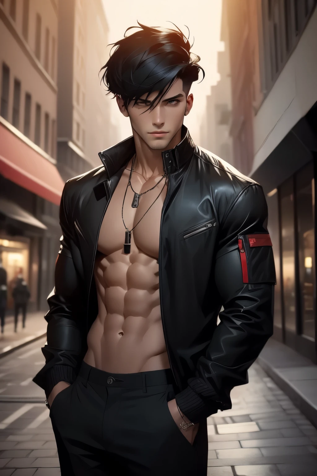 1boy,male focus,jacket,solo,jewelry,shirt,black hair,open jacket,open clothes,short hair,outdoors,looking at viewer,necklace,pants,black shirt,red jacket,closed mouth,artist name,covered abs,hands in pockets,pectorals,black pants,muscular,off shoulder,city,muscular male,building,undercut,