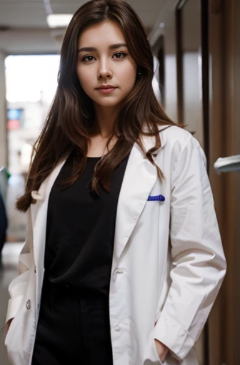 young female handsome doctor,white skin, brown hair, anime style, 4k