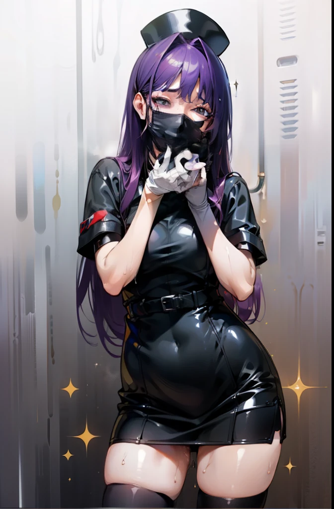 black nurse, 1 female, black nurse cap, Black Wear, ((black legwear, zettai ryouiki)), black elbow gloves, long hair, purple hair, gray eyes, ((Black surgical mask, Covered nose)), Are standing, ((operating room)), sharp outline, short sleeve, mature woman, 35 years old, highest quality, masterpiece、shiny costume、(((sexy slutty makeup、dripping sweat、oil skin,sparkling skin、realistic skin texture、detailed beautiful skin、shiny skin、shiny white skin))),