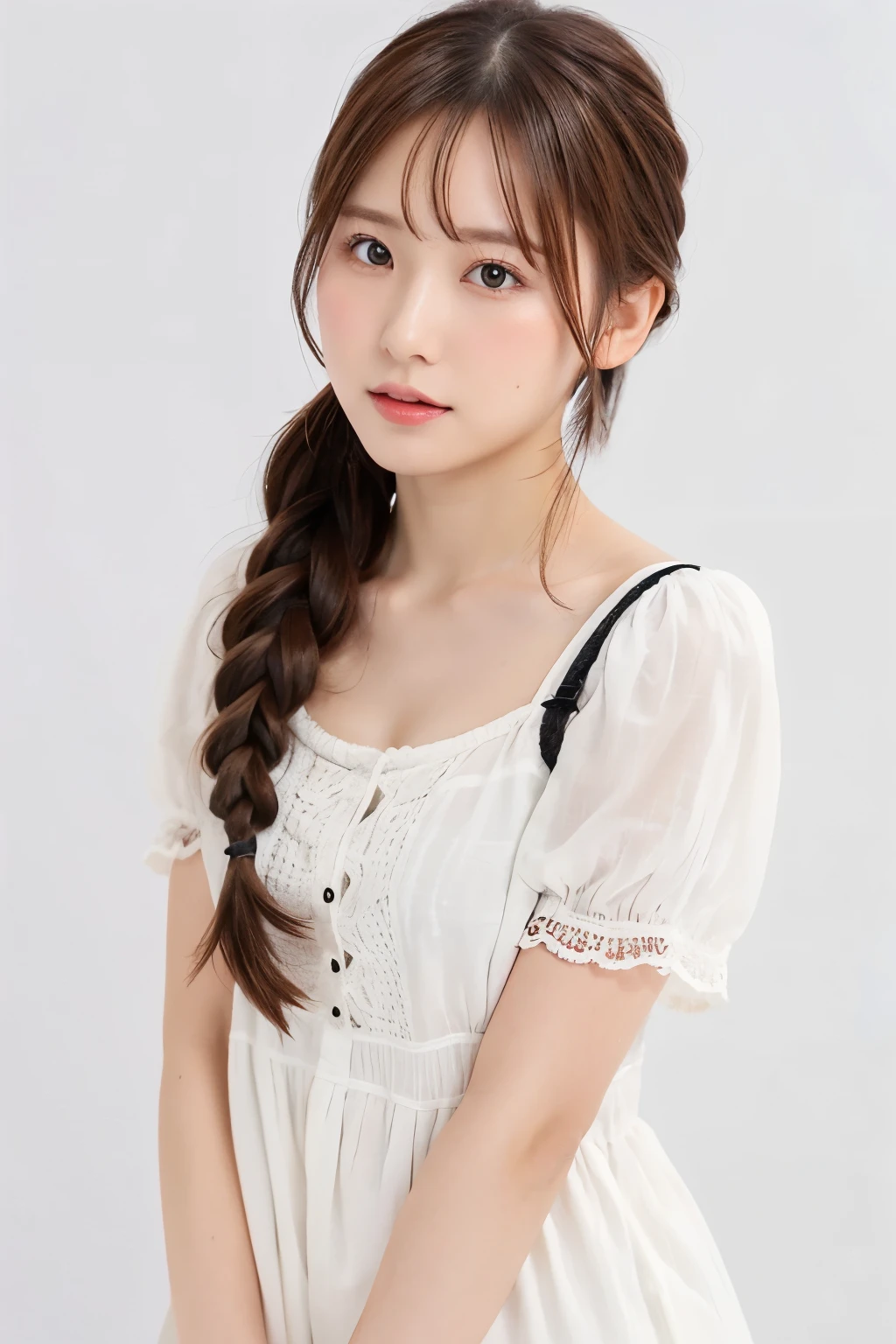 Top quality, one beautiful woman,casual dress,35mm lens, f/1, cowboy shot, (white background: 1.3), ,braid,small breasts,low twintails