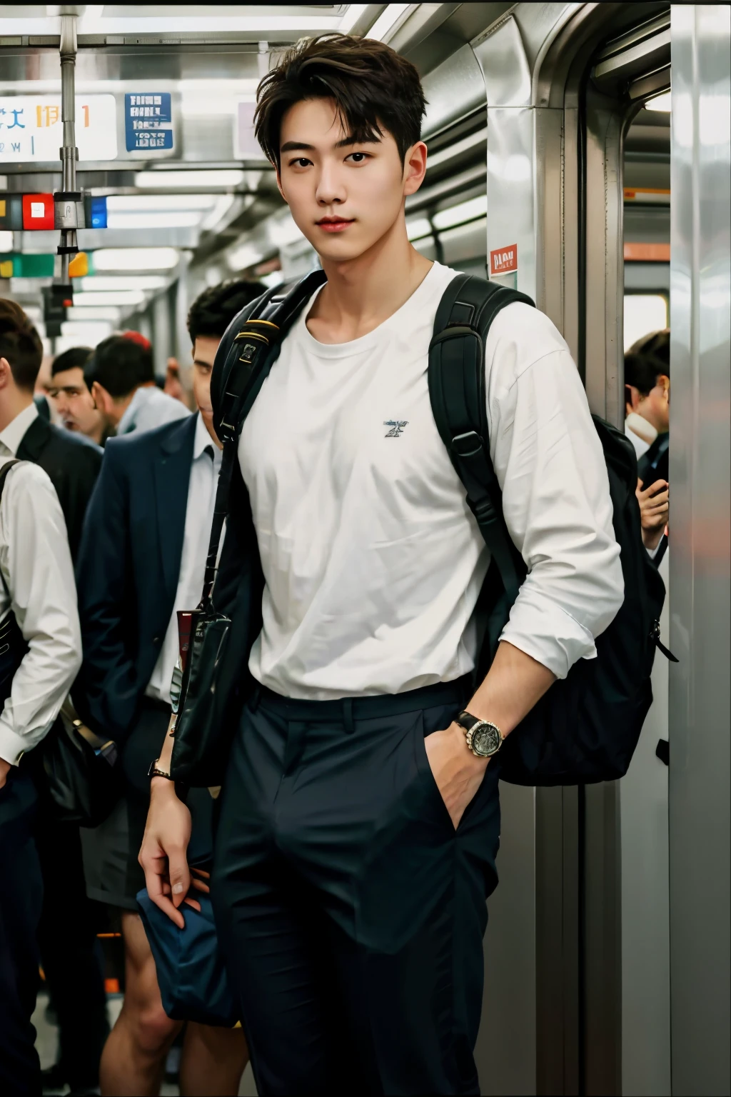 1人，A 20-year-old man in the subway，Standing in a subway car，Ultra-flat head，Wearing a suit and pants，huge bulge,  leg apart，musculous，Handsome，Look at your phone，Wear AirPods，Wear an Apple Watch， backpack，white short socks，White sneakers，pervert smirk，exhilarated，full bodyesbian，Exposing thighs，Expose calves，Thick leg hair，In crowded subway cars，gentlesoftlighting，tmasterpiece，best qualtiy，8K  UHD，digital SLR camera，filmgrain，Fujifilm XT3 Realistic painting art，Written by Midjourney and Greg Rutkowski