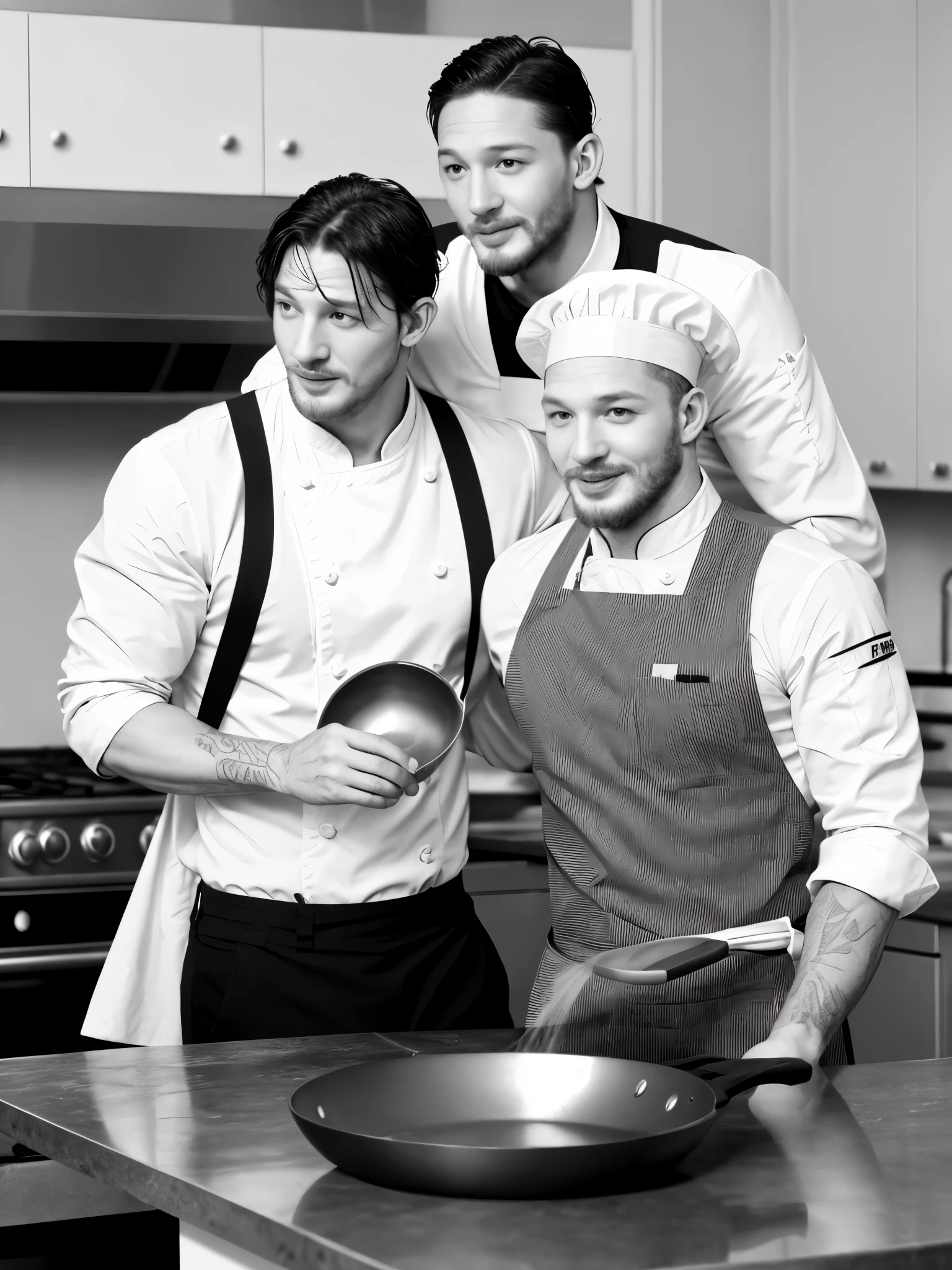 (Black and white photo shoot), (Michelin chef actor Tom Hardy is stir frying), Tom Hardy (carrying a super large frying pan: 1.34), (with oil stains on his face), with deep eyes, smooth chin and face, well-developed muscles, wearing chef clothes, (unusually short round inch hairstyle), exaggerated laughter style, sharp focus,
Movie lighting, background: kitchen