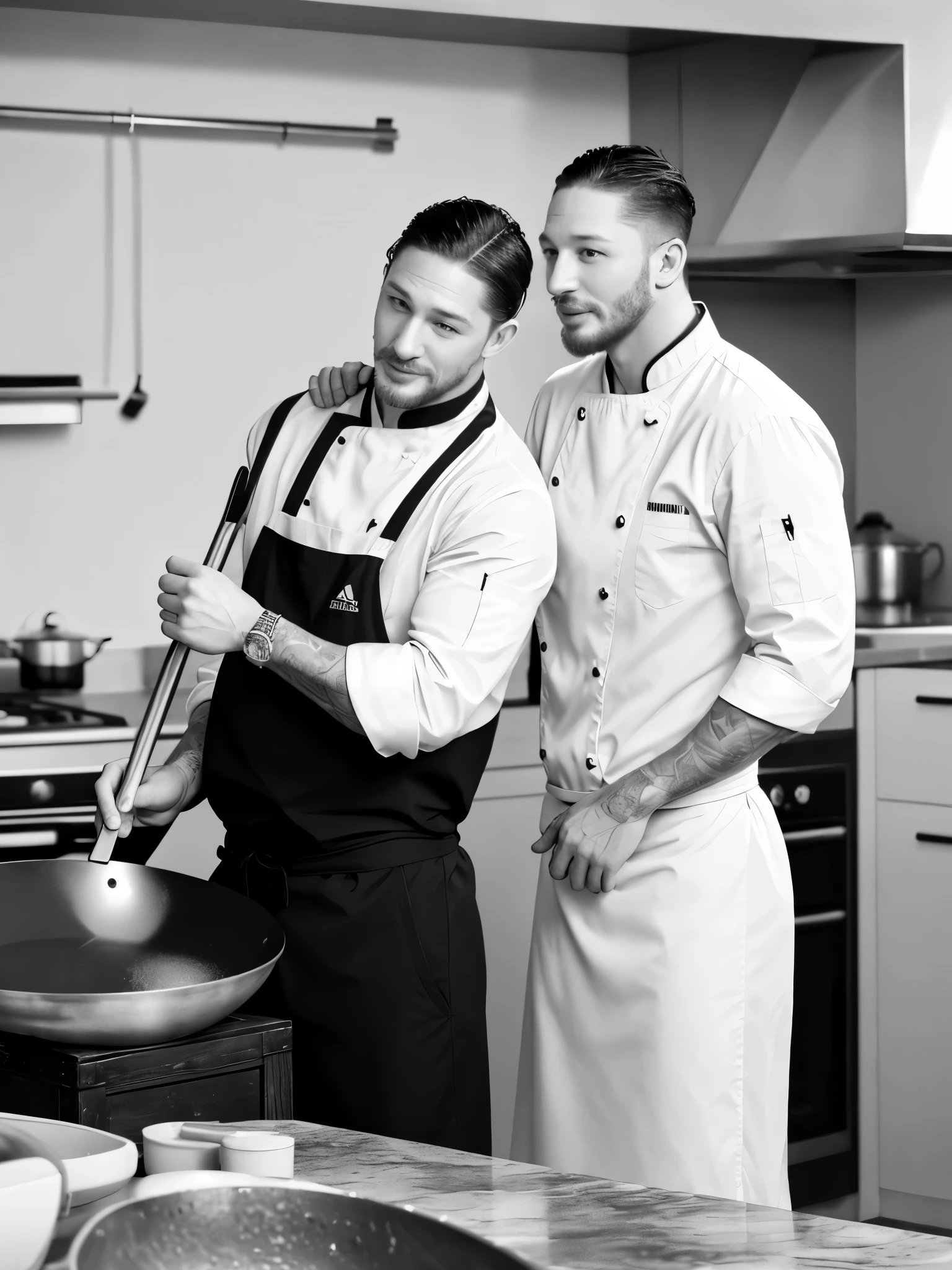 (Black and white photo shoot), (Michelin chef actor Tom Hardy is stir frying), Tom Hardy (carrying a super large frying pan: 1.34), (with oil stains on his face), with deep eyes, smooth chin and face, well-developed muscles, wearing chef clothes, (unusually short round inch hairstyle), exaggerated laughter style, sharp focus,
Movie lighting, background: kitchen