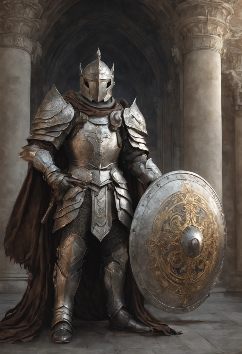 breathtaking A highly detailed digital painting of a powerful knight in armor holding a large, ornate shield in a heroic stance, extremely detailed full body knight in shiny silver armor with intricate patterns, standing in a dramatic pose, one hand holding a massive, circular shield with a glowing crest in the center, shield has beautiful engraved swirls and runes, shining metal, cinematic lighting, illustration by artgerm and greg rutkowski and alphonse mucha, digital painting . award-winning, professional, highly detailed, detailed matte painting, deep color, fantastical, intricate detail, splash screen, complementary colors, fantasy concept art, 8k resolution trending on Artstation Unreal Engine 5