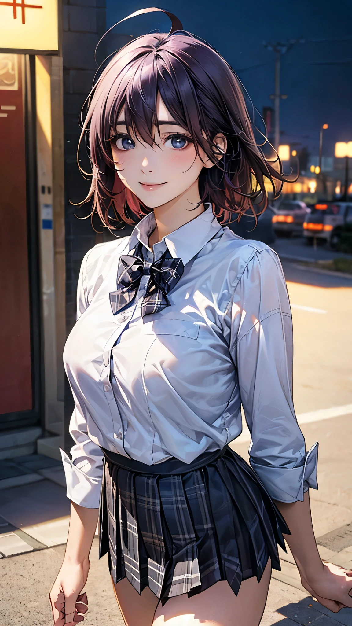 (masterpiece:1.2, top-quality), (realistic, photorealistic:1.4), beautiful illustration, (natural side lighting, movie lighting), nsfw,
looking at viewer, cowboy shot, front view:0.6, 1 girl, japanese, high school girl, perfect face, cute and symmetrical face, shiny skin,
(short hair:1.2, messy hair:1.8, ahoge, purple hair), hair between eyes, blue eyes, long eye lasher, (large breasts:0.7, thick thighs),
beautiful hair, beautiful face, beautiful detailed eyes, beautiful clavicle, beautiful body, beautiful chest, beautiful thigh, beautiful legs, beautiful fingers,
((white collared shirts, black plaid pleated mini skirt, blue bow tie)),
(beautiful scenery), evening, riverside, walking, (lovely smile, upper eyes),