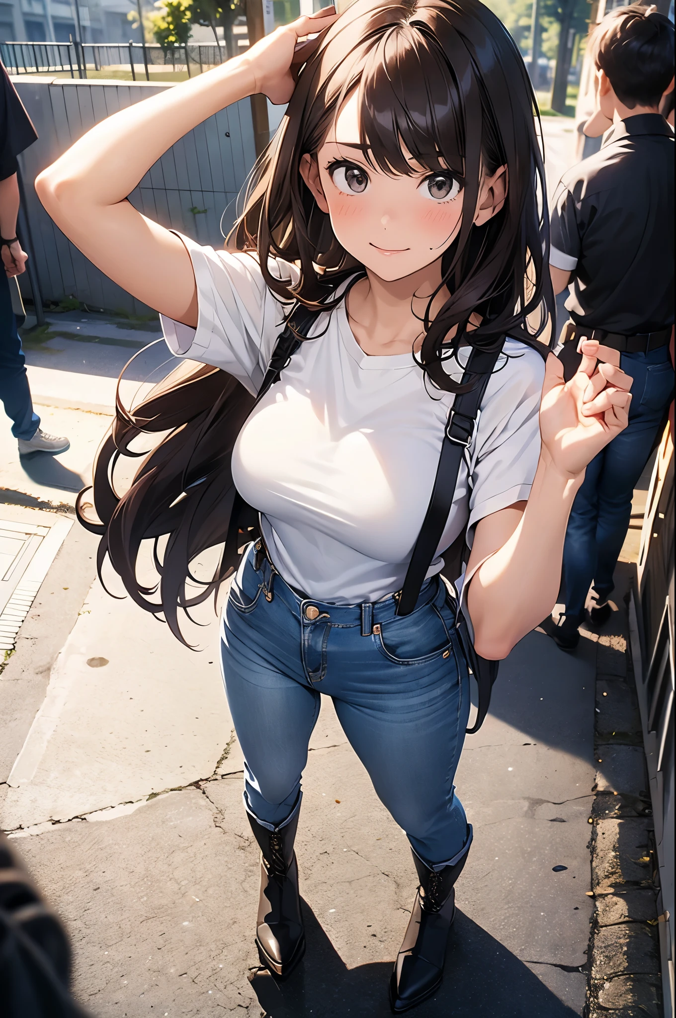 brown hair、looking at the viewer　　suspenders　　　Bulging big breasts　　 　 　　　　jeans　boots　　　　　Gaze　　　small face　bangs 　　　　　Beauty　　hands up　　 　Gaze 　黒いboots 　provocation　　armpit sweat　one person 　　put your hands behind your back　cutter shirt　　Black belt