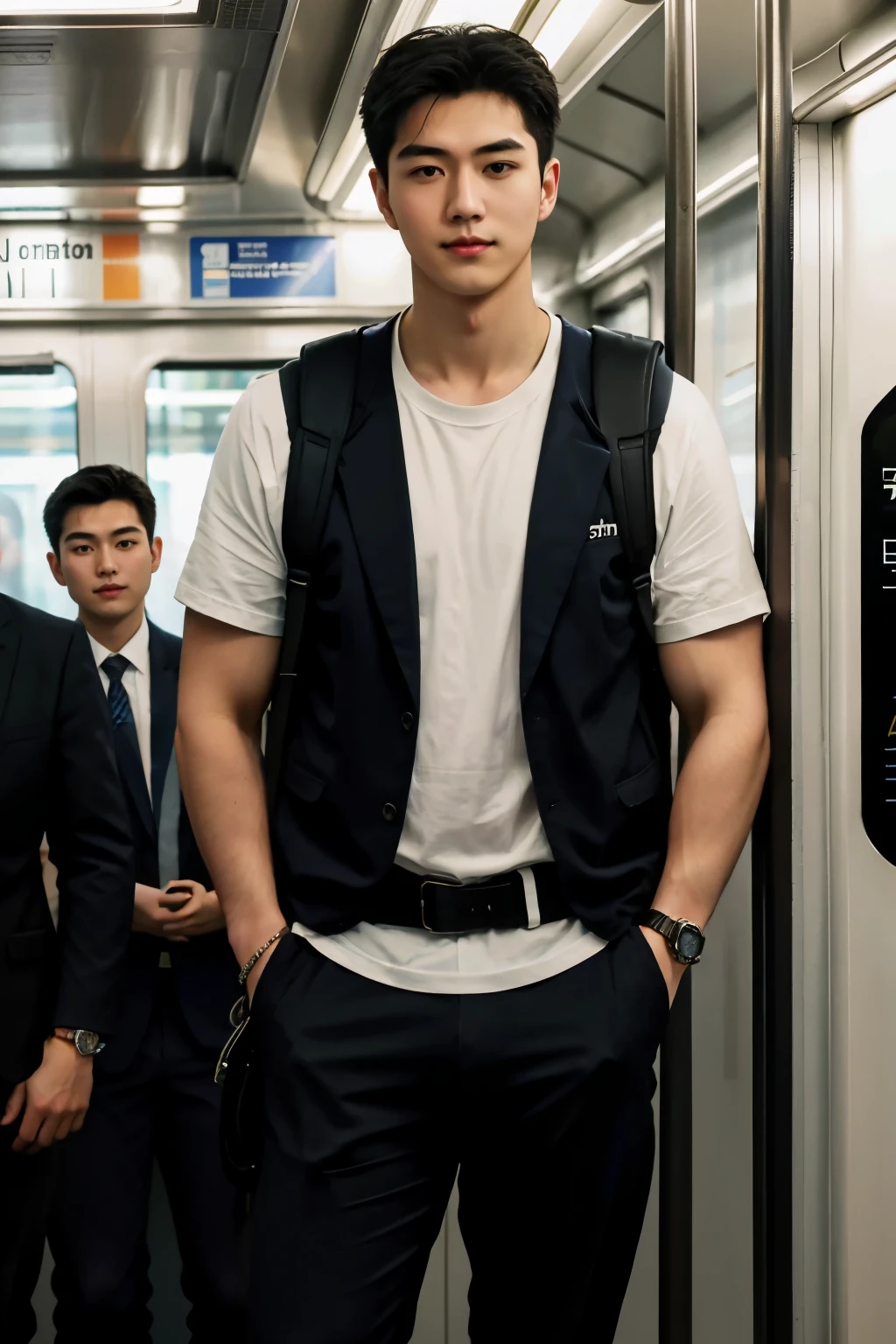 1人，A 20-year-old man in the subway，Standing in a subway car，Ultra-flat head，Wearing a suit and pants，huge bulge,  leg apart，musculous，Handsome，Look at your phone，Wear AirPods，Wear an Apple Watch，Sport backpack，white short socks，White sneakers，pervert smirk，exhilarated，full bodyesbian，Exposing thighs，Expose calves，Thick leg hair，In crowded subway cars，gentlesoftlighting，tmasterpiece，best qualtiy，8K  UHD，digital SLR camera，filmgrain，Fujifilm XT3 Realistic painting art，Written by Midjourney and Greg Rutkowski