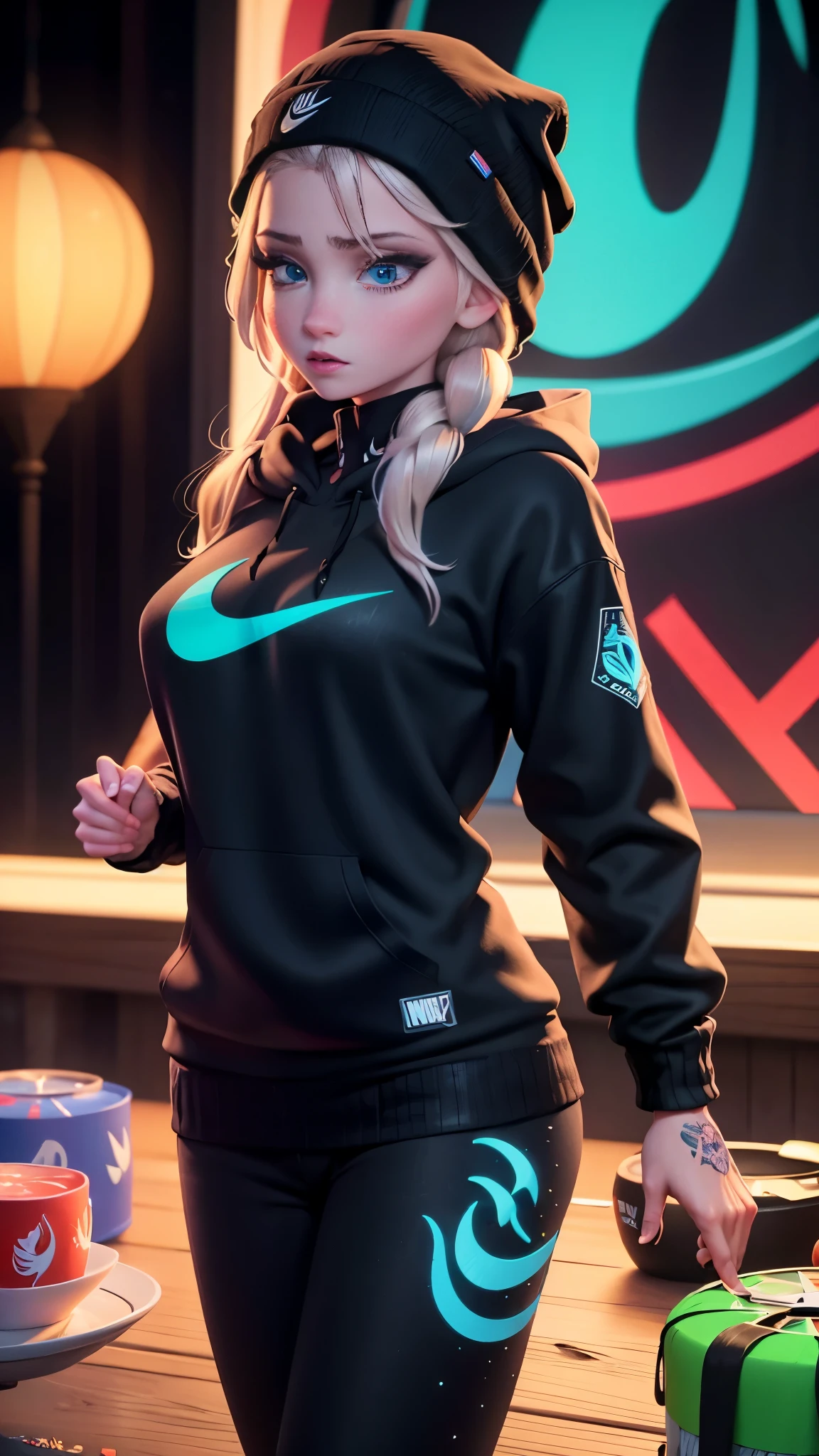 Elsa He's wearing a hoodie with a big Nike logo on it. hip hop Black knitted hat tattoo The night view is beautiful Neon lights at night I'm playing darts
