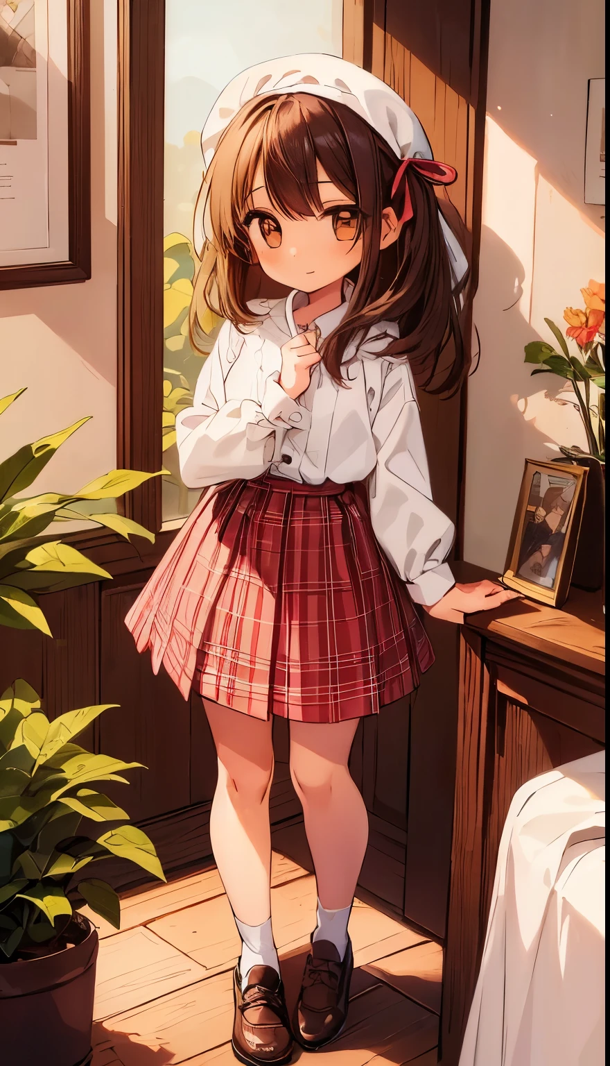 beautiful illustrations, highest quality,(12 year old girl:1.5)、(cute  girl：1.6)、flat chest、(girl like bisque doll)、White dress、(Brown plaid shorts：1.6)、 cinematic lighting, ((Brown medium hair))、A smile full of happiness、Redness of the cheeks、white socks、brown shoes