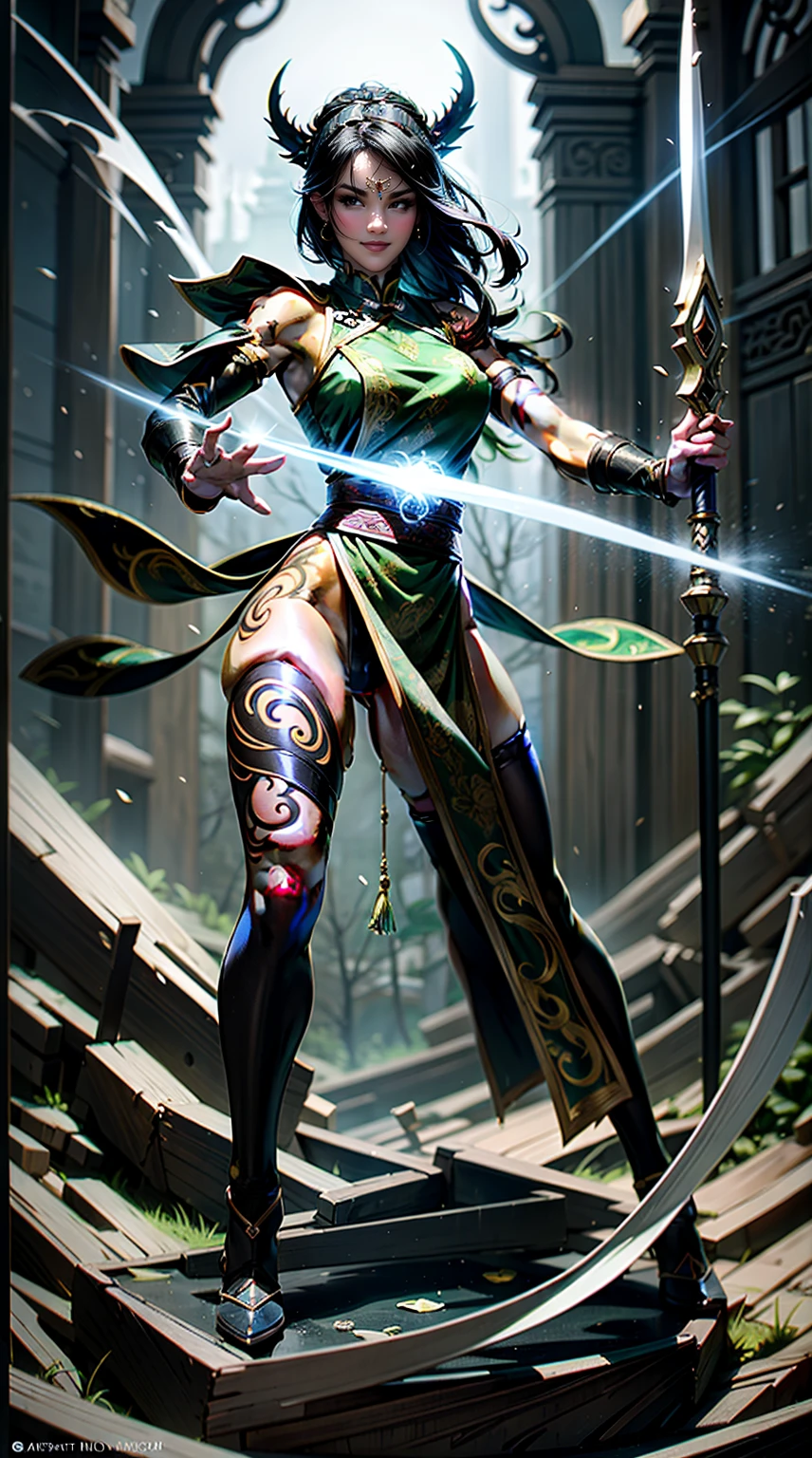 ((full body illustration)), high definition|quality|contrast. Magic fantasy art. an imposing Chinese warrior woman holding a staff in a combat pose, ((attack pose)), looking at the viewer, traditional dress in shades of green, tattoo on her leg, (swirl of leaves around), wind, her body emanates an energy of peace and strength that emits white and green colors of peace and strength.This energy that radiates around her protects her against an evil spirit. soft ambient light.