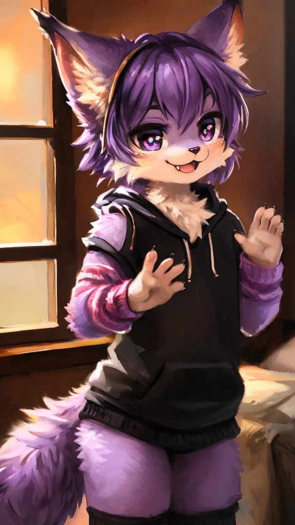 Furry male, (((eyeliner))), eyelashes, (((black eyeshadow))), ((male focus)), lynx, (((purple fur))), (purple hair), furry, cute fangs, cute, medium hair, furry, anime style, fluff, fluffy, thuft, disheveled, realistic fur, detailed, detailed shadows, cheeks fluff, ((fullrender)), <3 eyes, icon portrait, avatar icon, only face, smug face, ((super fluffy)), (upper body), one fang, ((shoulder fluff)), ((shoulder tuft)), thicc thighs, detailed hands, yiffy, teasing face, ((bedroom background)), (((kemono))), ((leg warmers)), upper body, (((solo focus))), claws, hair accessories, hair ornaments, standing, ((arm warmers)), hoodie, sports shorts, waving ,neck fur, neck fluff, black clothes, (by Kenket), (by Pino Daeni),