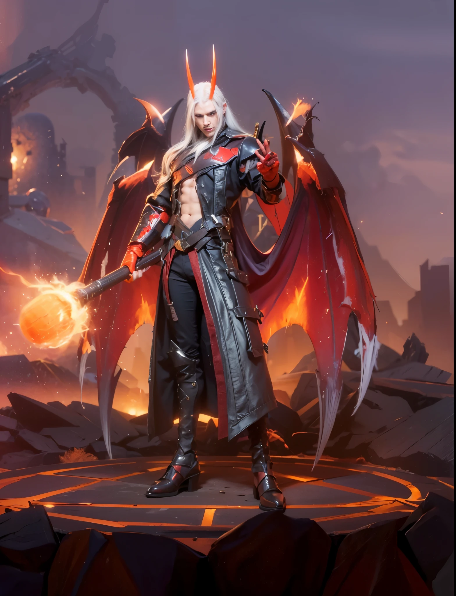 A man with magic wand, Demon knight, A man with red demon pupil eyes, vampire man, A man with white long hair, A man with demon horn, A man wearing red and black demon armor, demon bat wings, Realistic Hd, Ultra Realistic, 8k, 4k, A demon man with hell background, A man with evil smile