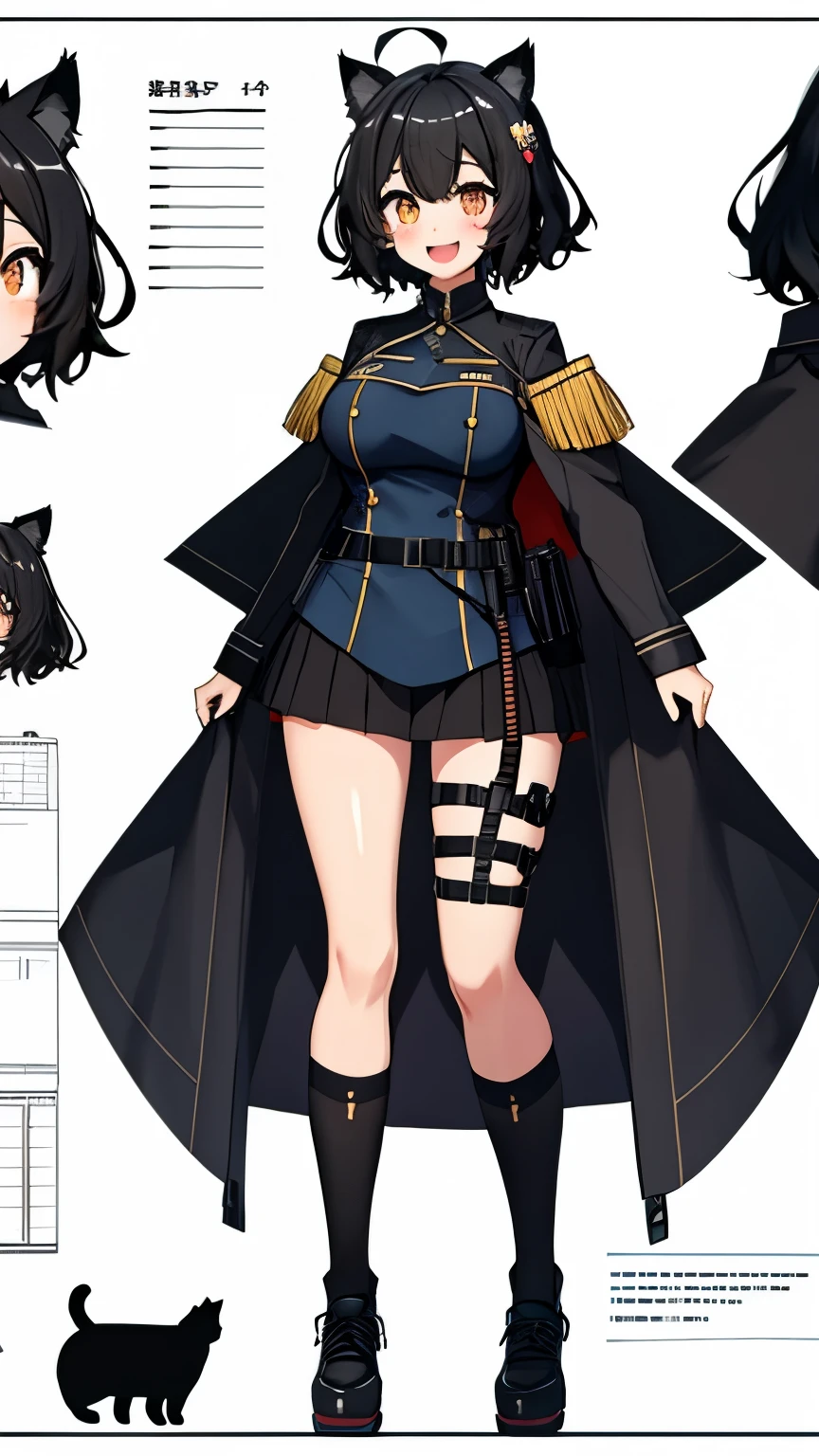 (Character Sheet), Looking at Viewer, background white, 1girl, open mouth, shy smile, virtual youtuber、girl,(black hair), (black cat ears), (Ahoge), (ridiculously short hair), (wavy hair), (eyes are blue)、very big breasts、(View viewer))Dressed in military uniform。I put a cloak on my shoulders、line drawing ,Highly detailed body parts、whole body、Shoes on、