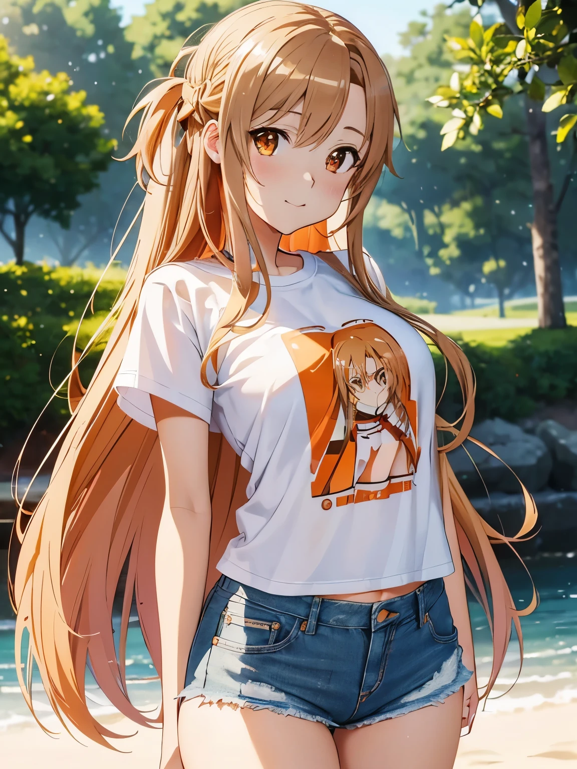 ((masterpiece)), ((best quality)), (ultra-detailed), ((kawaii)), cute, (lovely), ((sexy)), (ero), ((extremely detailed)), 4K, (8K), best quality, (beautiful), anime style, upper body, heavy outline, clear outline, full body focus, beach, (((Asuna, SAO))), ((T-shirt, denim ultra short pants)), ((beautiful orange eyes)), large breast, shiny-glistening, gleaming