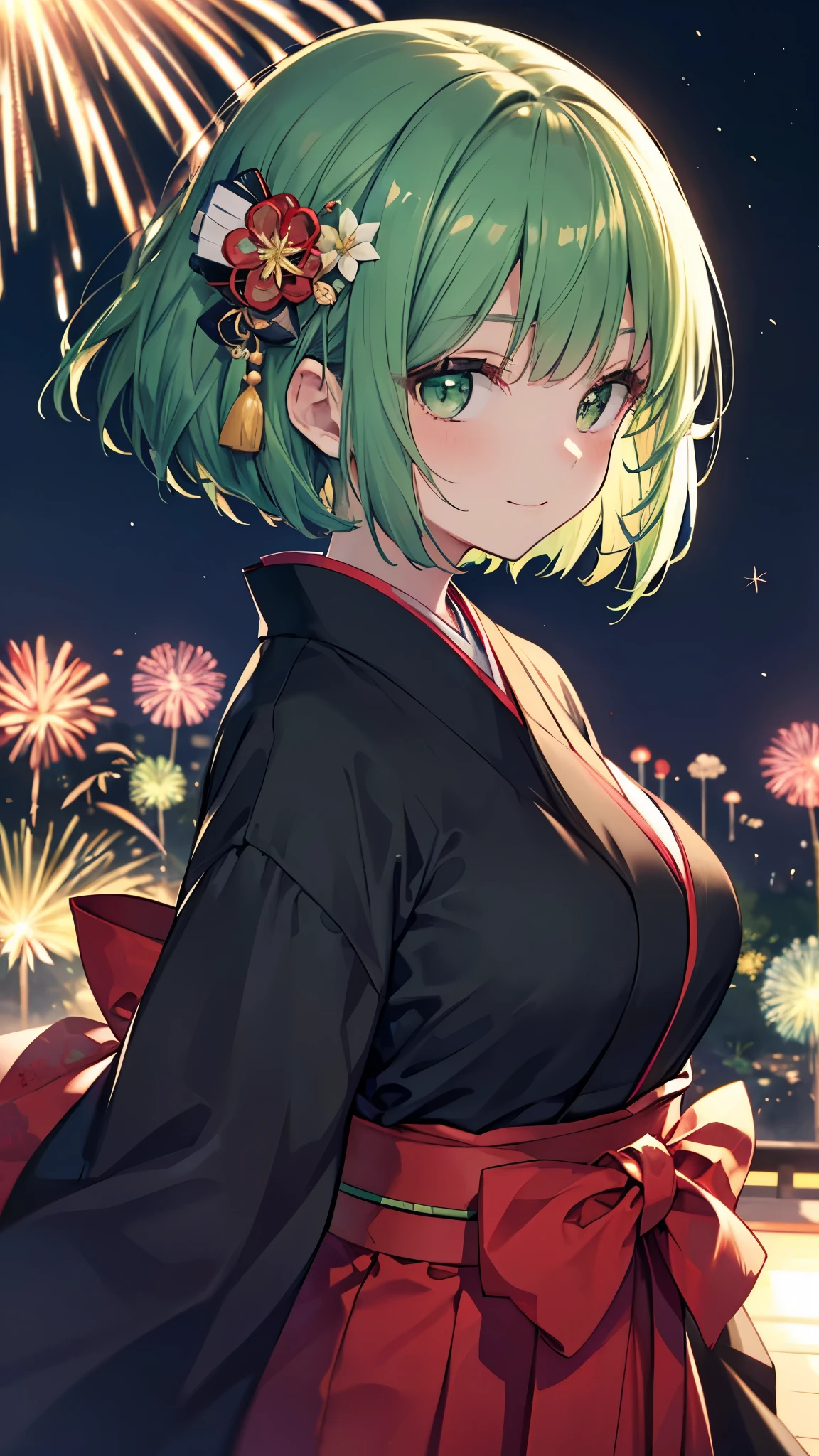 bob cut, (hime cut:1.2), ever green hair, black Japanese kimono costume, (pov), ever green hakama, (the wind is blowing), (close up of face), ever green eyes, Japanese style room, night, light smile, flower accessory, firework, big breasts