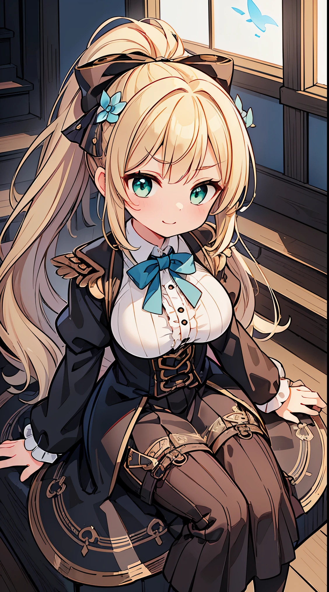 (super fine illustration:1.2),(masterpiece, 8k), (best quality, high quality:1.4), perfect anatomy, hyper detailed, ultra detailed,masterpiece background,beautiful detailed background, v8k wallpaper,perfect design,award-winning art,atmospheric,
BREAK, 1 beautiful girl, girl, (cute:1.5),(Little:0.5),(cute:2.0),(change:2.0),(12 year old girl),(big breasts:1.65),(chin hair,blonde,blue bow,green eyes,Eyebrows visible through the hair,side lock,long hair with bangs parted, hair flower, hair ornaments, big ribbon in hair, curly hair, ponytail:1.6),:he, white feathers, one thin white wing, Ang he wings, spread your wings, shining wings),pit \black},glowing skin, beautiful skin, Shining beautiful skin, open your mouth, bashful smile, alone, tooth, upper teeth,(long eyheashes, double eyheids:1.2),alone, glowing skin, beautiful skin, Shining beautiful skin,(highest quality face),(highest quality shining eyes),
BREAK, (steampunk-inspired motif:1.33), smoky lace, brown corset, (closed collar long-sleeved blouse:1.2) heavy coat with black frills, a volumey pannier under a (long skirt:1.3), lace ruffle socks, top hat, goggles, lace-up boots, leather glove, steampunk-items,BREAK, (delicate facial features:1.3),
(very wide:1.3),(panorama view:1.3),(sense of depth:1.5),(long shot:1.3),(magnificent view:1.3),desk in her gaming room playing video games she is wearing a headphone a loose fitting shirt a black dolphin shorts computer screen glowing no eye contact from a higher angle graphic design illustration anime style main color white and blue
BREAK,wakame,wakame,wakame,(looking up,from front above:1.5)
(going up on stairs:1.5),
BREAK,(Blurry background:1.3),(absurderes, hight resolution, Super Detail Art),cel shading,Clear Color, Lonely optical effect, Beautiful pictures, Bright glow, mystic atmosphere,(Close-up of girl:1.1), Mystical light particle effect,manga influence, clean line drawings,