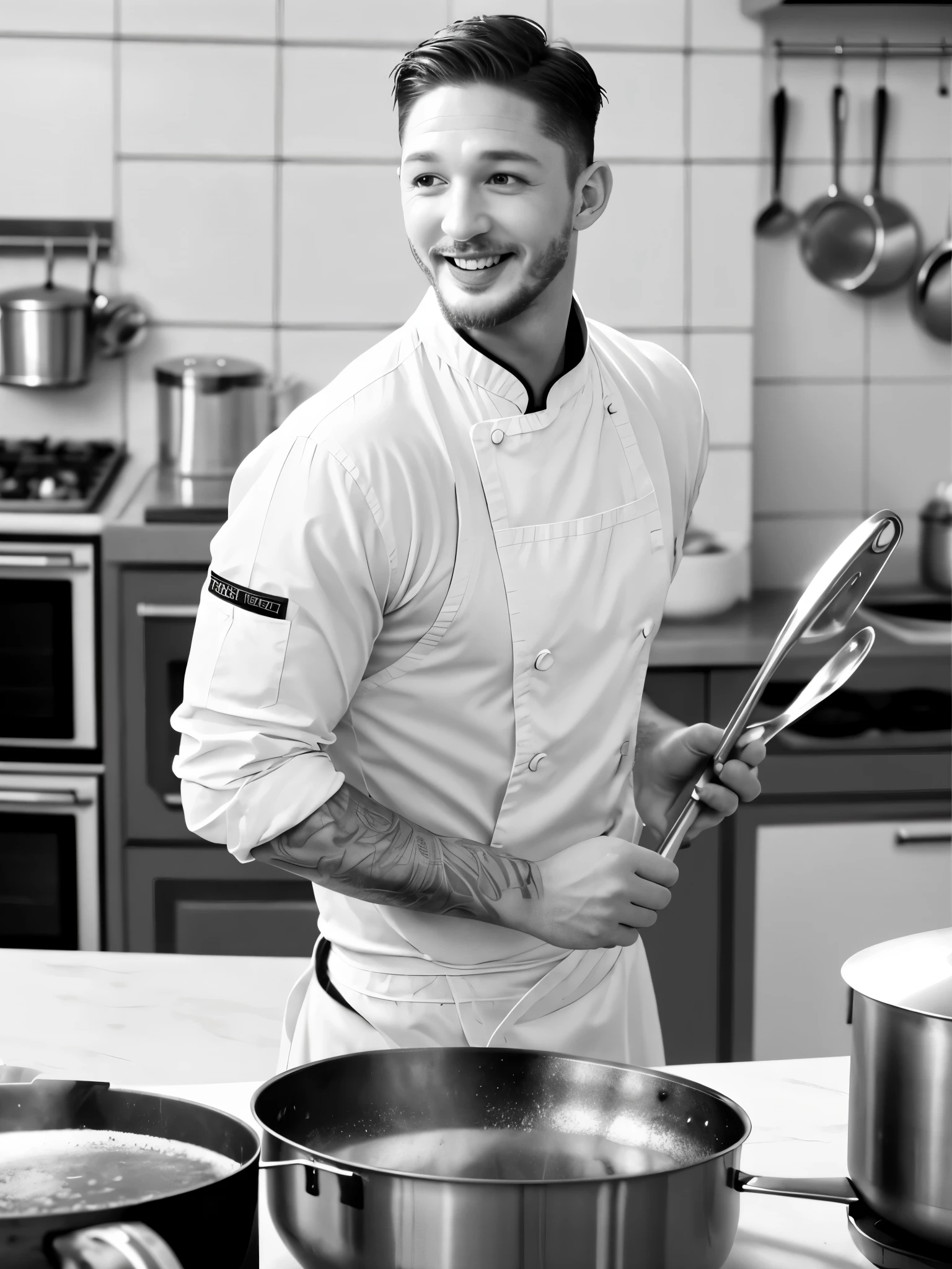 （Black and white photo shoot），（Michelin chef Tom Hardy is cooking），（He&#39;s carrying a huge frying pan：1.34），（There are oil stains on his face），Deep eyes，Smooth chin and face，muscular，Tom Hardy in chef uniform，（Abnormally short round hair style），Exaggerated laughter，Laugh，weird laugh，sharp focus， light，background：kitchen