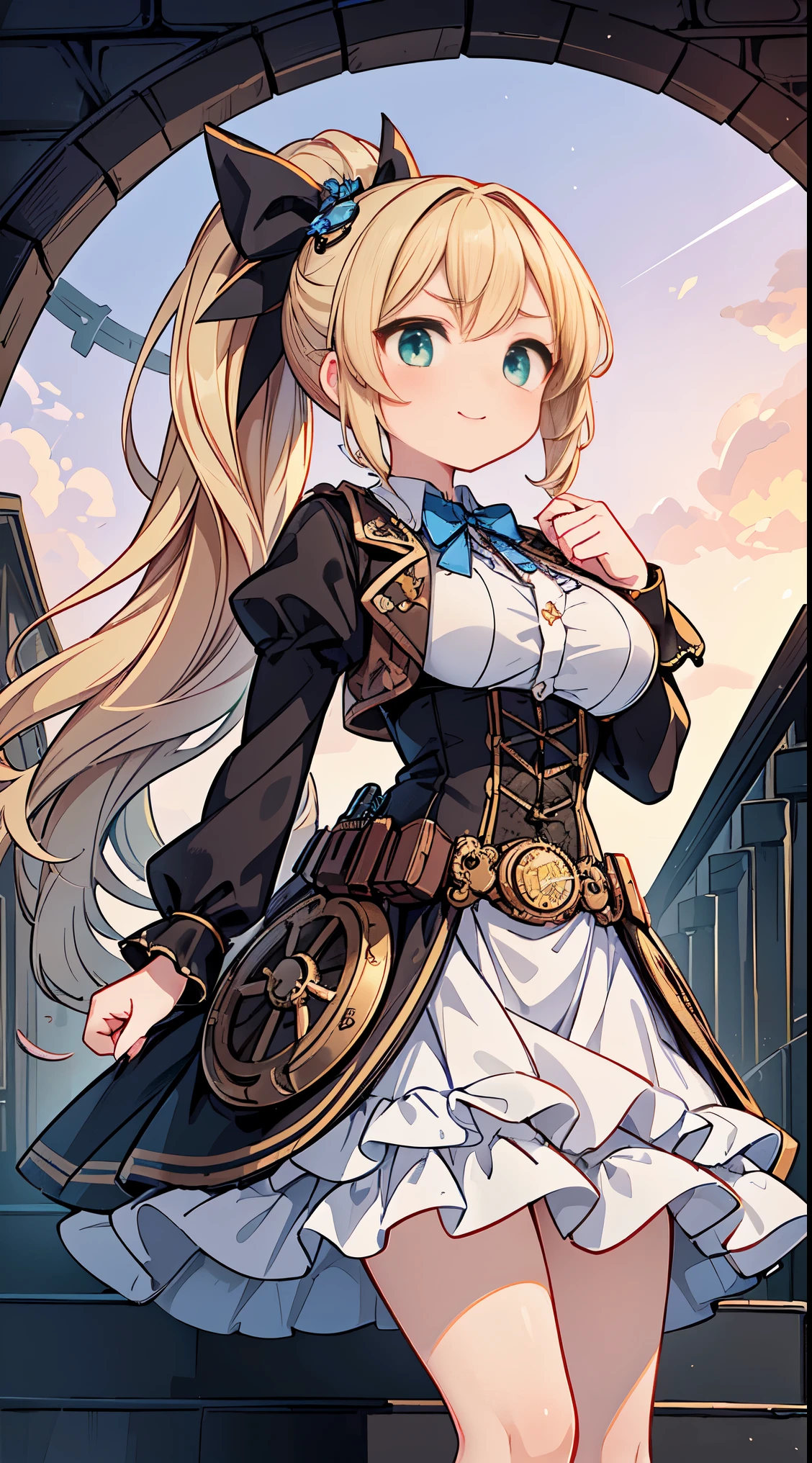 (super fine illustration:1.2),(masterpiece, 8k), (best quality, high quality:1.4), perfect anatomy, hyper detailed, ultra detailed,masterpiece background,beautiful detailed background, v8k wallpaper,perfect design,award-winning art,atmospheric,
BREAK, 1 beautiful girl, girl, (cute:1.5),(Little:0.5),(cute:2.0),(change:2.0),( girl),(big breasts:1.65),(chin hair,blonde,blue bow,green eyes,Eyebrows visible through the hair,side lock,long hair with bangs parted, hair flower, hair ornaments, big ribbon in hair, curly hair, ponytail:1.6),:he, white feathers, one thin white wing, Ang he wings, spread your wings, shining wings),pit \black},glowing skin, beautiful skin, Shining beautiful skin, open your mouth, bashful smile, alone, tooth, upper teeth,(long eyheashes, double eyheids:1.2),alone, glowing skin, beautiful skin, Shining beautiful skin,(highest quality face),(highest quality shining eyes),
BREAK, (steampunk-inspired motif:1.33), smoky lace, brown corset, (closed collar long-sleeved blouse:1.2) heavy coat with black frills, a volumey pannier under a (long skirt:1.3), lace ruffle socks, top hat, goggles, lace-up boots, leather glove, steampunk-items,BREAK, (delicate facial features:1.3),
(very wide:1.3),(panorama view:1.3),(sense of depth:1.5),(long shot:1.3),(magnificent view:1.3),desk in her gaming room playing video games she is wearing a headphone a loose fitting shirt a black dolphin shorts computer screen glowing no eye contact from a higher angle graphic design illustration anime style main color white and blue
BREAK,wakame,wakame,wakame,(looking up,from front above:1.5)
(going up on stairs:1.5),
BREAK,(Blurry background:1.3),(absurderes, hight resolution, Super Detail Art),cel shading,Clear Color, Lonely optical effect, Beautiful pictures, Bright glow, mystic atmosphere,(Close-up of girl:1.1), Mystical light particle effect,manga influence, clean line drawings,