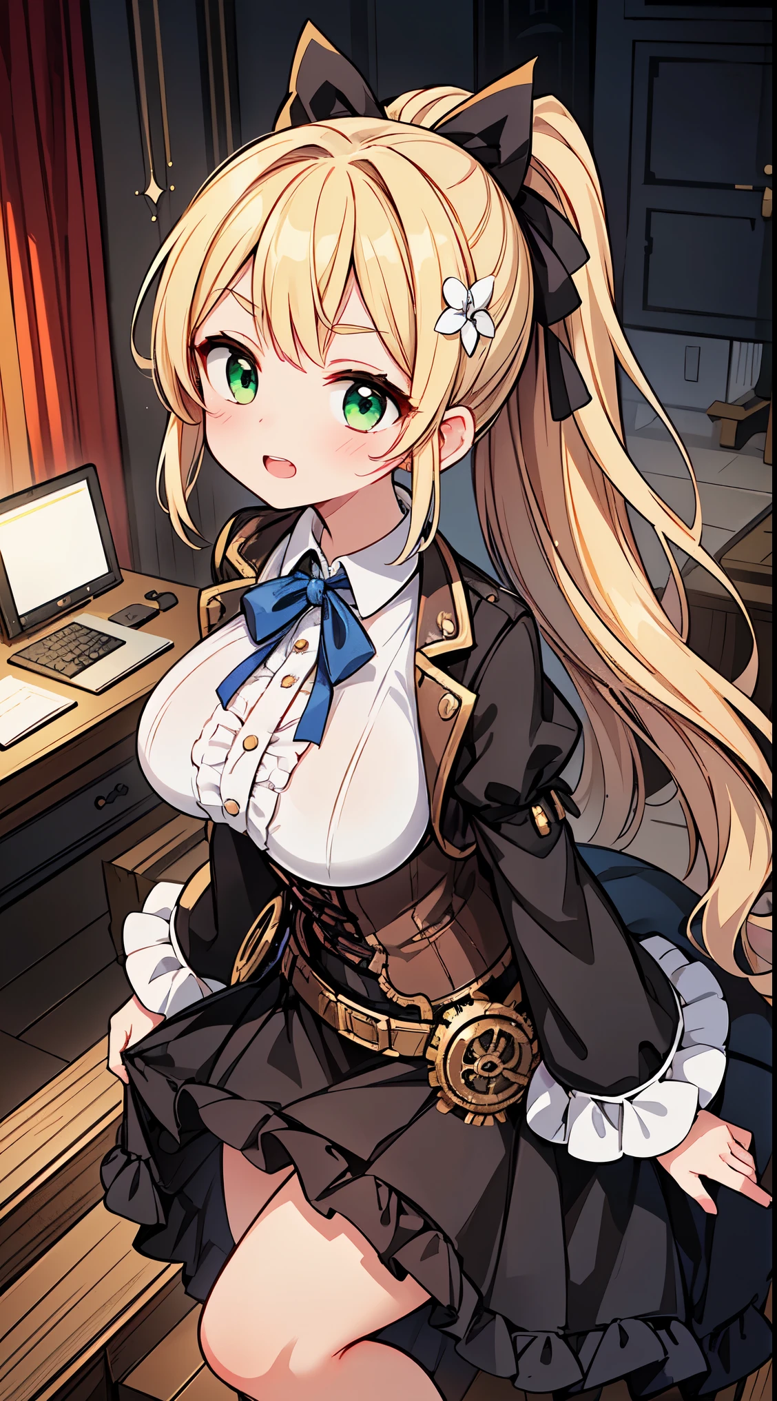 (super fine illustration:1.2),(masterpiece, 8k), (best quality, high quality:1.4), perfect anatomy, hyper detailed, ultra detailed,masterpiece background,beautiful detailed background, v8k wallpaper,perfect design,award-winning art,atmospheric,
BREAK, 1 beautiful girl, girl, (cute:1.5),(Little:0.5),(cute:2.0),(change:2.0),( girl),(big breasts:1.65),(chin hair,blonde,blue bow,green eyes,Eyebrows visible through the hair,side lock,long hair with bangs parted, hair flower, hair ornaments, big ribbon in hair, curly hair, ponytail:1.6),:he, white feathers, one thin white wing, Ang he wings, spread your wings, shining wings),pit \black},glowing skin, beautiful skin, Shining beautiful skin, open your mouth, bashful smile, alone, tooth, upper teeth,(long eyheashes, double eyheids:1.2),alone, glowing skin, beautiful skin, Shining beautiful skin,(highest quality face),(highest quality shining eyes),
BREAK, (steampunk-inspired motif:1.33), smoky lace, brown corset, (closed collar long-sleeved blouse:1.2) heavy coat with black frills, a volumey pannier under a (long skirt:1.3), lace ruffle socks, top hat, goggles, lace-up boots, leather glove, steampunk-items,BREAK, (delicate facial features:1.3),
(very wide:1.3),(panorama view:1.3),(sense of depth:1.5),(long shot:1.3),(magnificent view:1.3),desk in her gaming room playing video games she is wearing a headphone a loose fitting shirt a black dolphin shorts computer screen glowing no eye contact from a higher angle graphic design illustration anime style main color white and blue
BREAK,wakame,wakame,wakame,(looking up,from front above:1.5)
(going up on stairs:1.5),
BREAK,(Blurry background:1.3),(absurderes, hight resolution, Super Detail Art),cel shading,Clear Color, Lonely optical effect, Beautiful pictures, Bright glow, mystic atmosphere,(Close-up of girl:1.1), Mystical light particle effect,manga influence, clean line drawings,