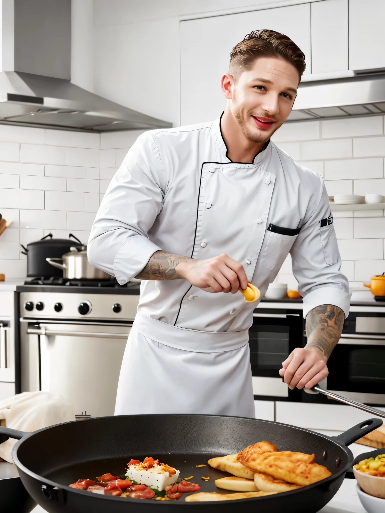 （Black and white photo shoot），（Michelin chef Tom Hardy is cooking），（He&#39;s carrying a huge frying pan：1.34），（There are oil stains on his face），Deep eyes，Smooth chin and face，muscular，Tom Hardy in chef uniform，（Abnormally short round hair style），Exaggerated laughter，Laugh，weird laugh，sharp focus， light，background：kitchen