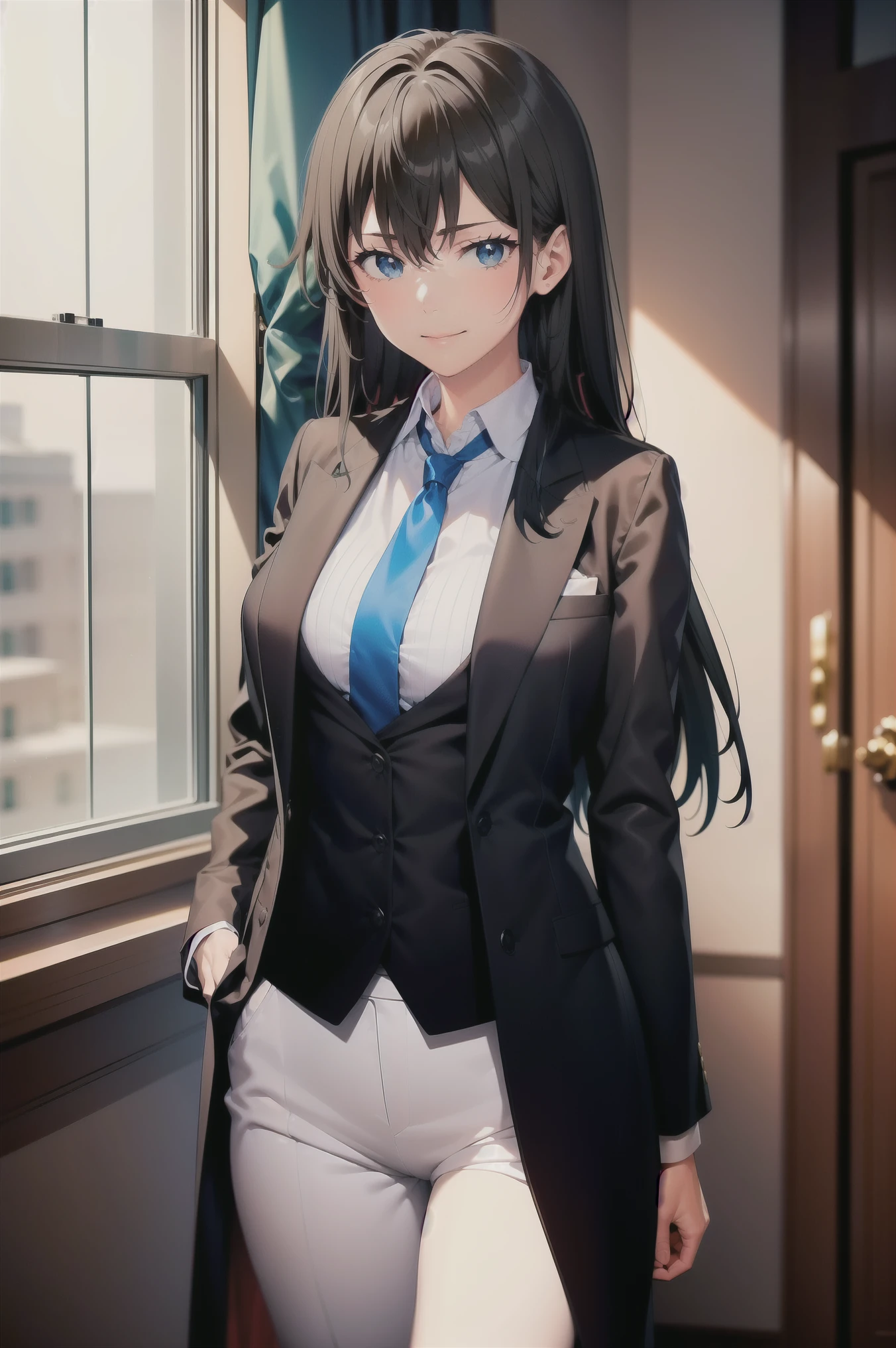 Yukinoshita yukino ,woman in formal attractive tailcoat standing in a large alcove in the room , 1girl, solo, blue necktie, black hair, blue eyes, long hair, smile , collared shirt, white pants, white shirt , tailored tailcoat elegant , standing in front of a window ,tailcoat tailored to perfection crafted from the lustrous fabri