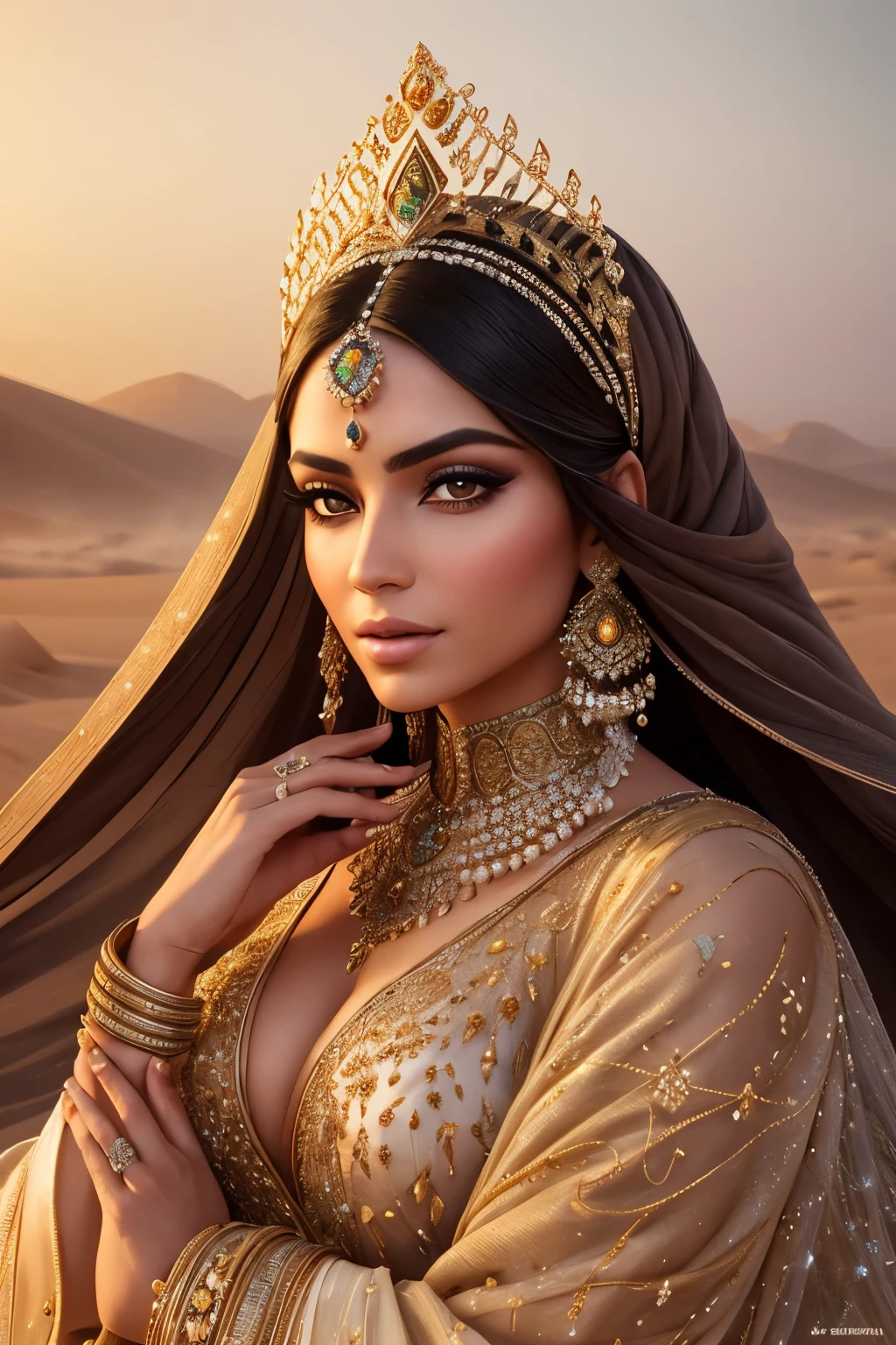 A closeup portrait of a Persian princess, royalty personified, adorned in intricately designed clothing, heavily embellished with precious gems and metals. Her makeup, a blend of ancient traditions and modern elegance, emphasizes her symmetrical features. The wind beautifully plays with her long, wavy chestnut hair, creating a mesmerizing bokeh effect in the background. Surrounded by the desert, the scene is characterized by sands that are dusty and foggy, with the occasional sandstorm, adding an element of mystery and allure to the composition. With a centered yet cinematic focus, every detail is captured in sharp, high resolution. The colors are warm and inspiring